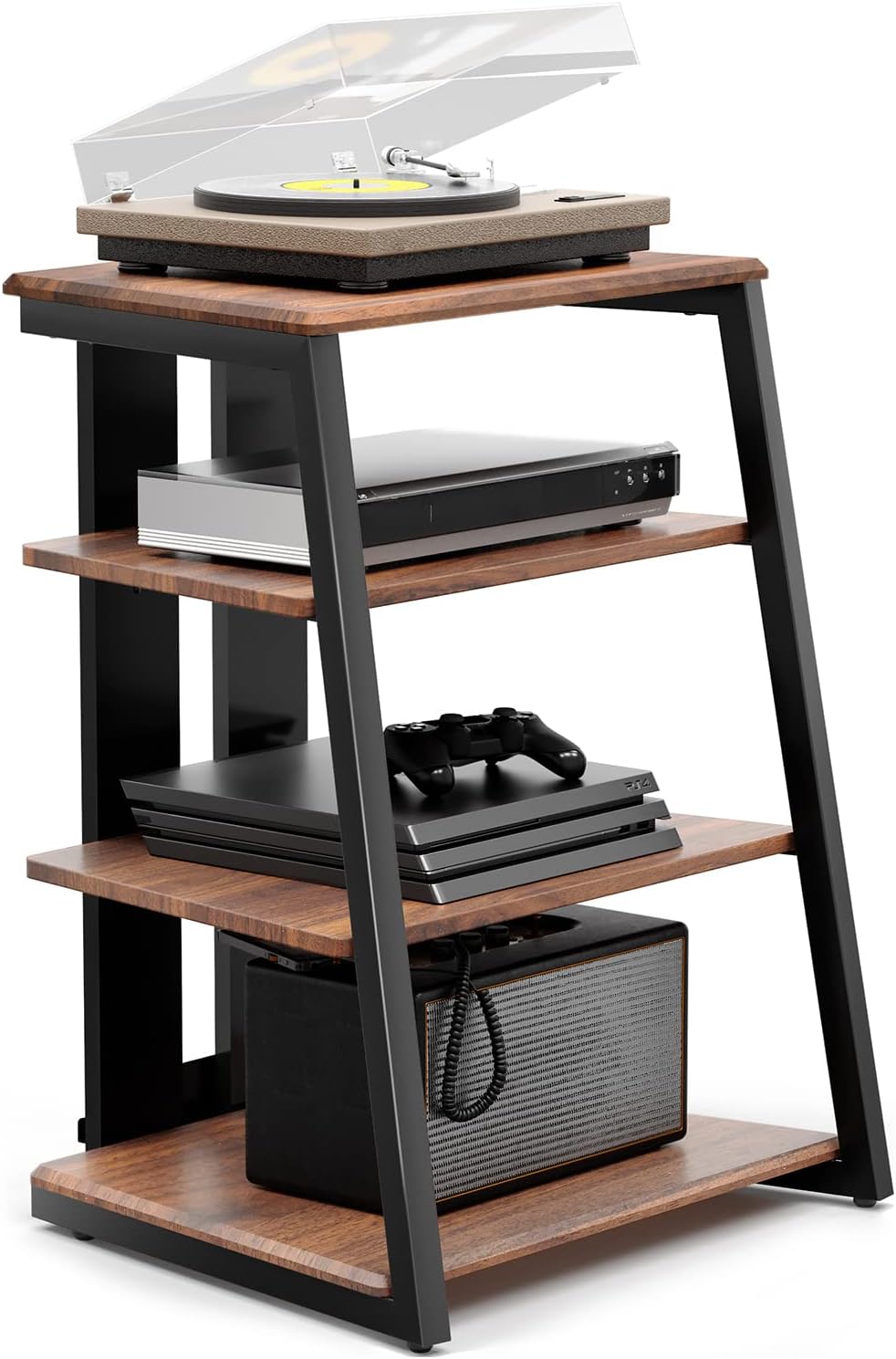 FITUEYES DESIGN HIFI Stojak gramofon, 4-poziomowy, drewniane półki, na wzmacniacz AV / gramofon / Sky box/Xbox One/drukarkę wielofunkcyjna regulacja wysokości, nośność 50 kg