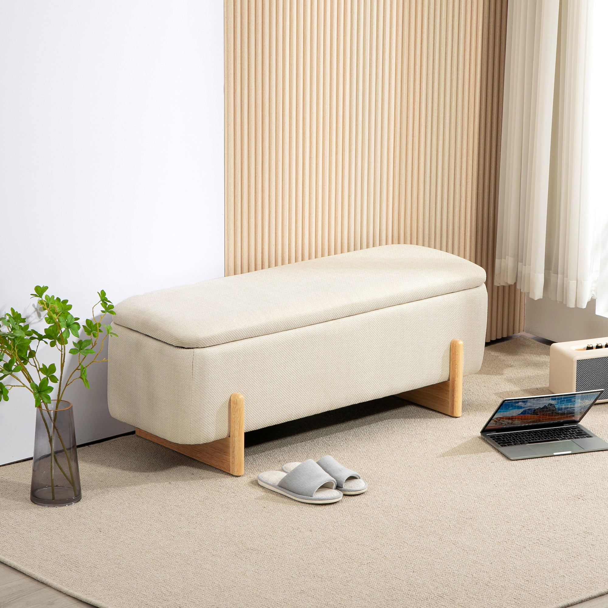 HOMCOM Hocker mit Stauraum, Sitzbank mit Schaumstoffpolsterung, Leinenimitat, 111 x 44 x 44,5 cm, Cremeweiß