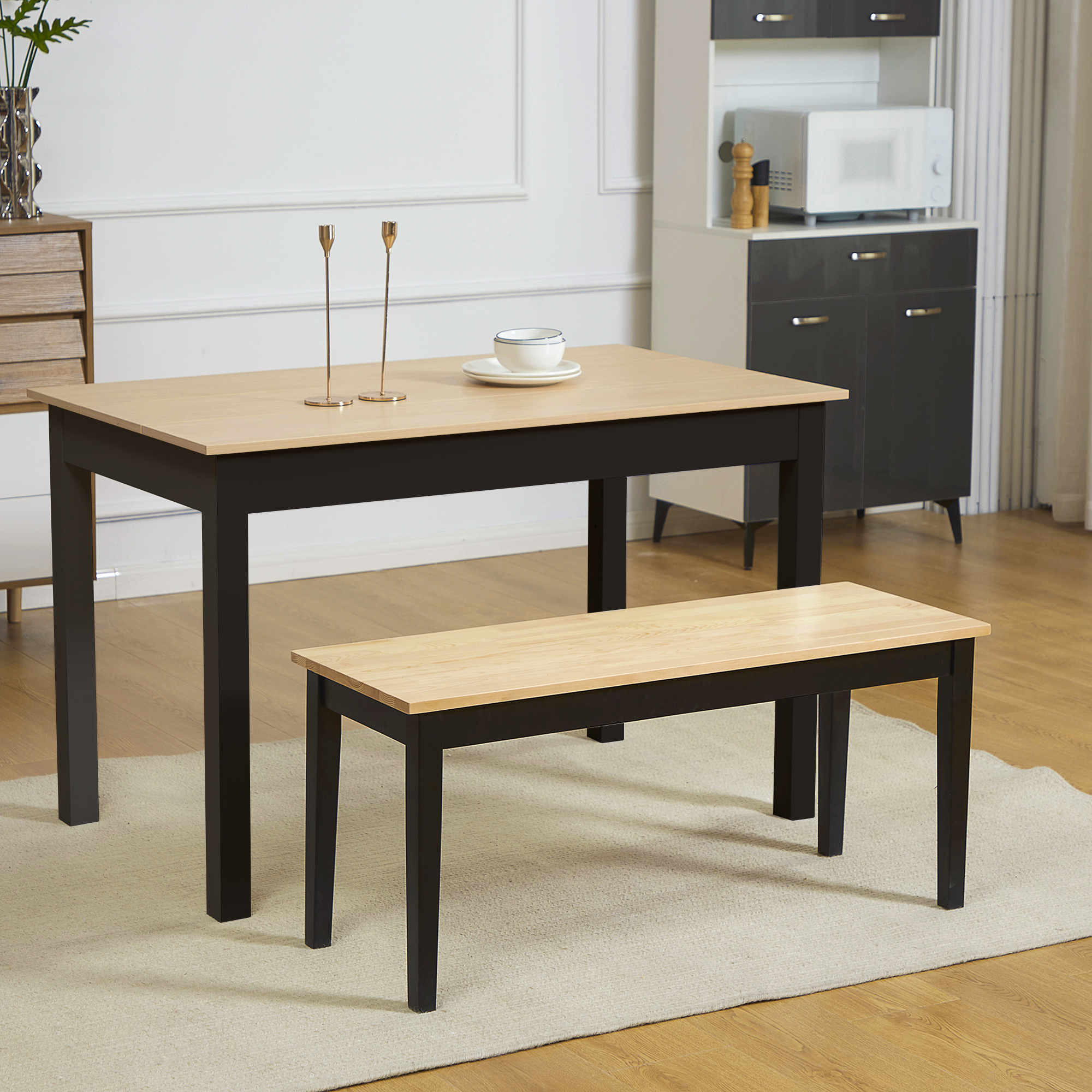 HOMCOM Moderne Sitzbank für 2 Personen, Holzbank, Massivholz, lackiert, Natur+ Schwarz