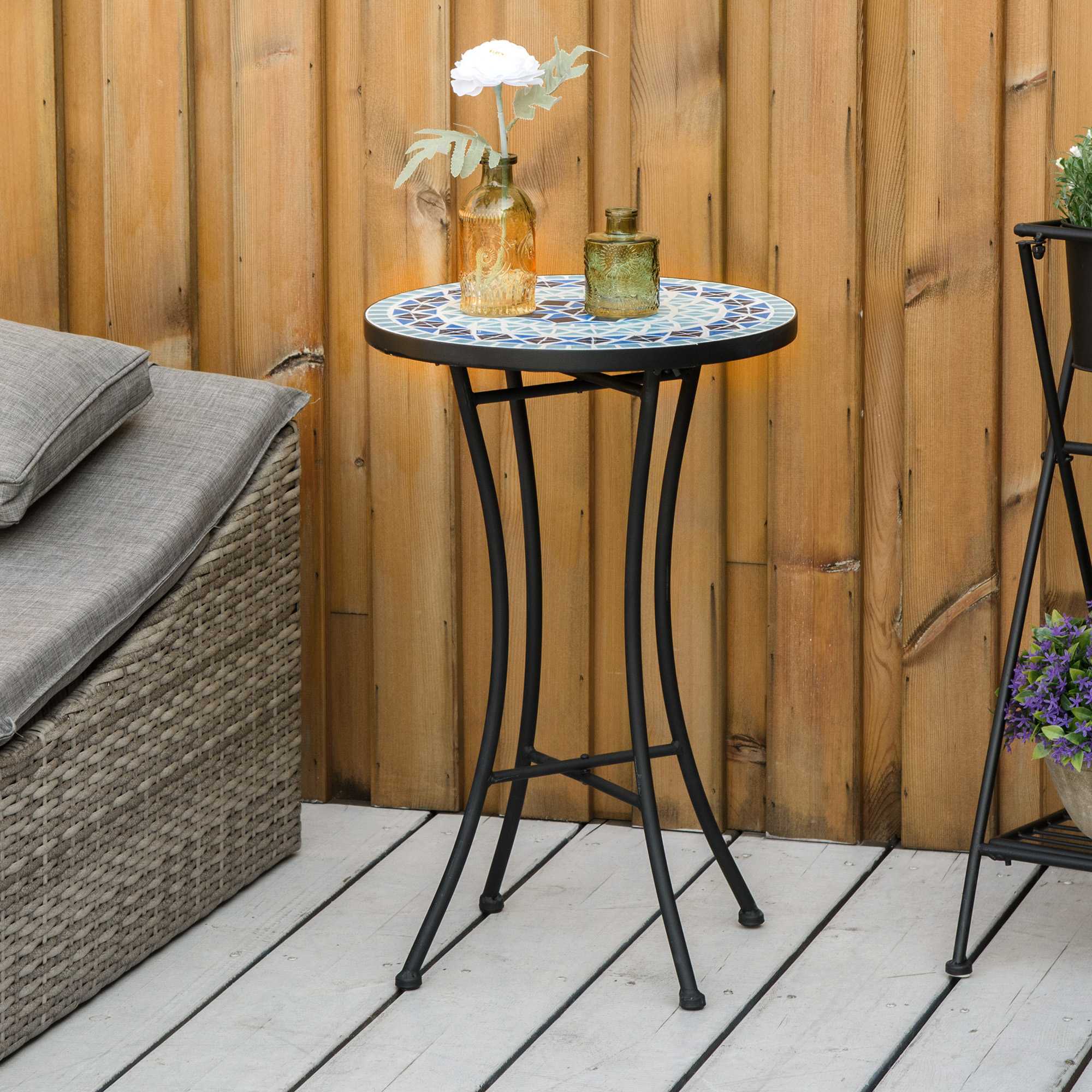 Outsunny Gartentisch Rund aus Metall mit Keramikplatte, Mosaik-Design, Ф35,5x53,5 cm, Blau
