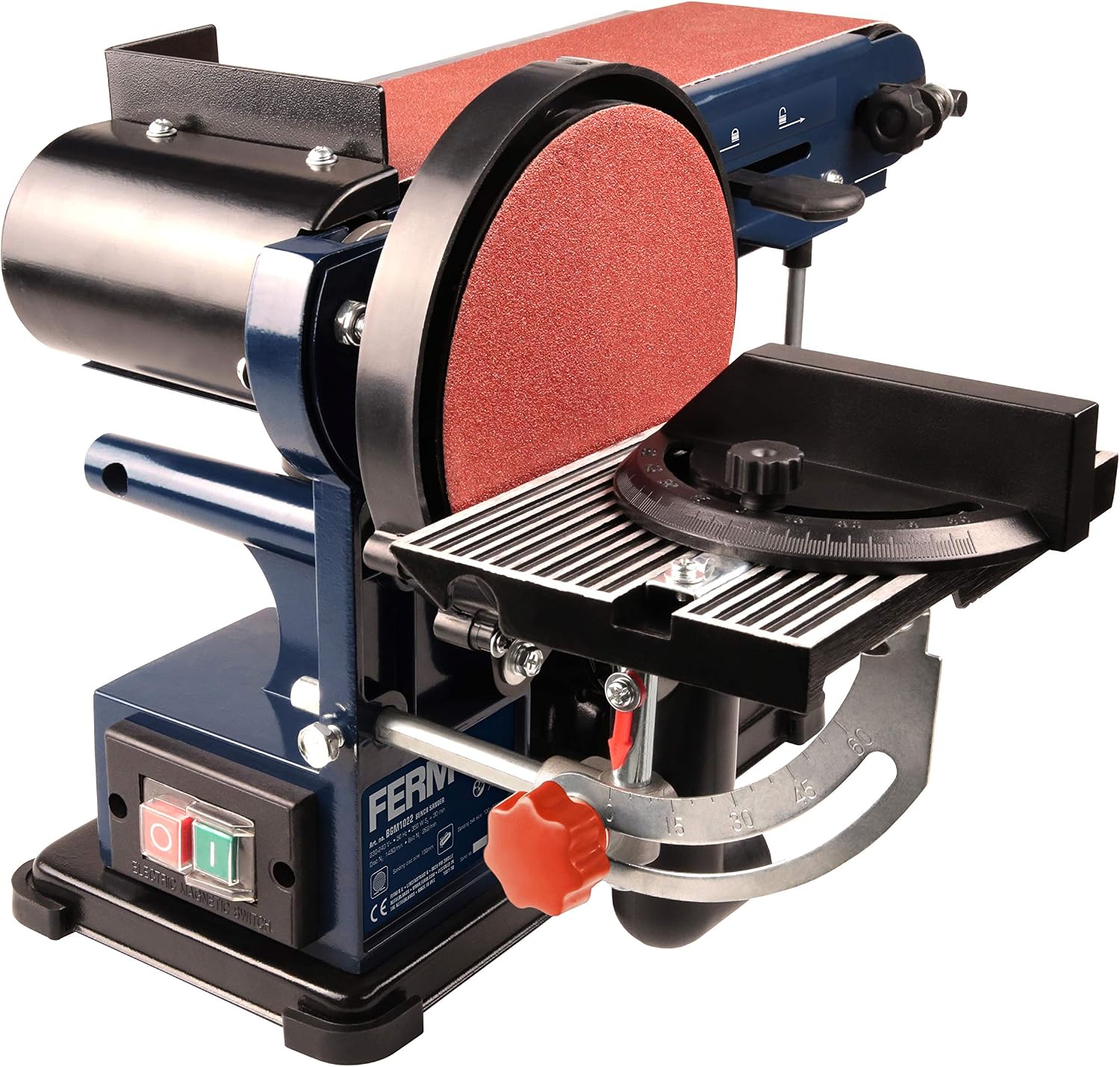 FERM Levigatrice da Banco Combinata 350W - 150mm. Include 2 Nastri Abrasivi (G80 e G120) e 2 Dischi Abrasivi (G80 e G120)