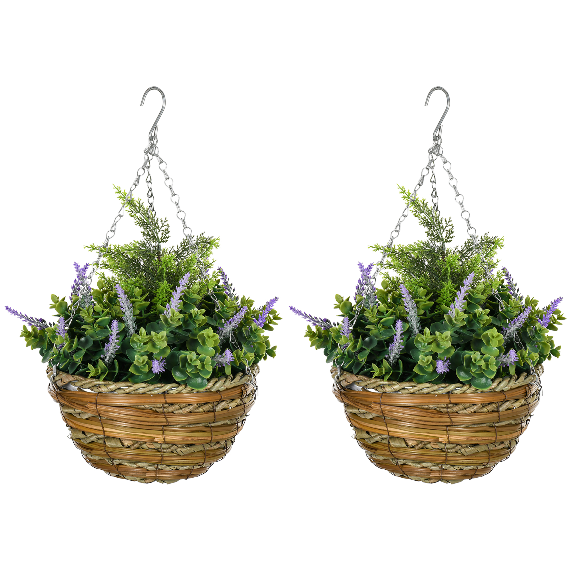 Outsunny Set 2 Künstliche Lavendelpflanze mit Korb und Haken, aus PE und Weide, Ø25x34 cm, Grün und Violett