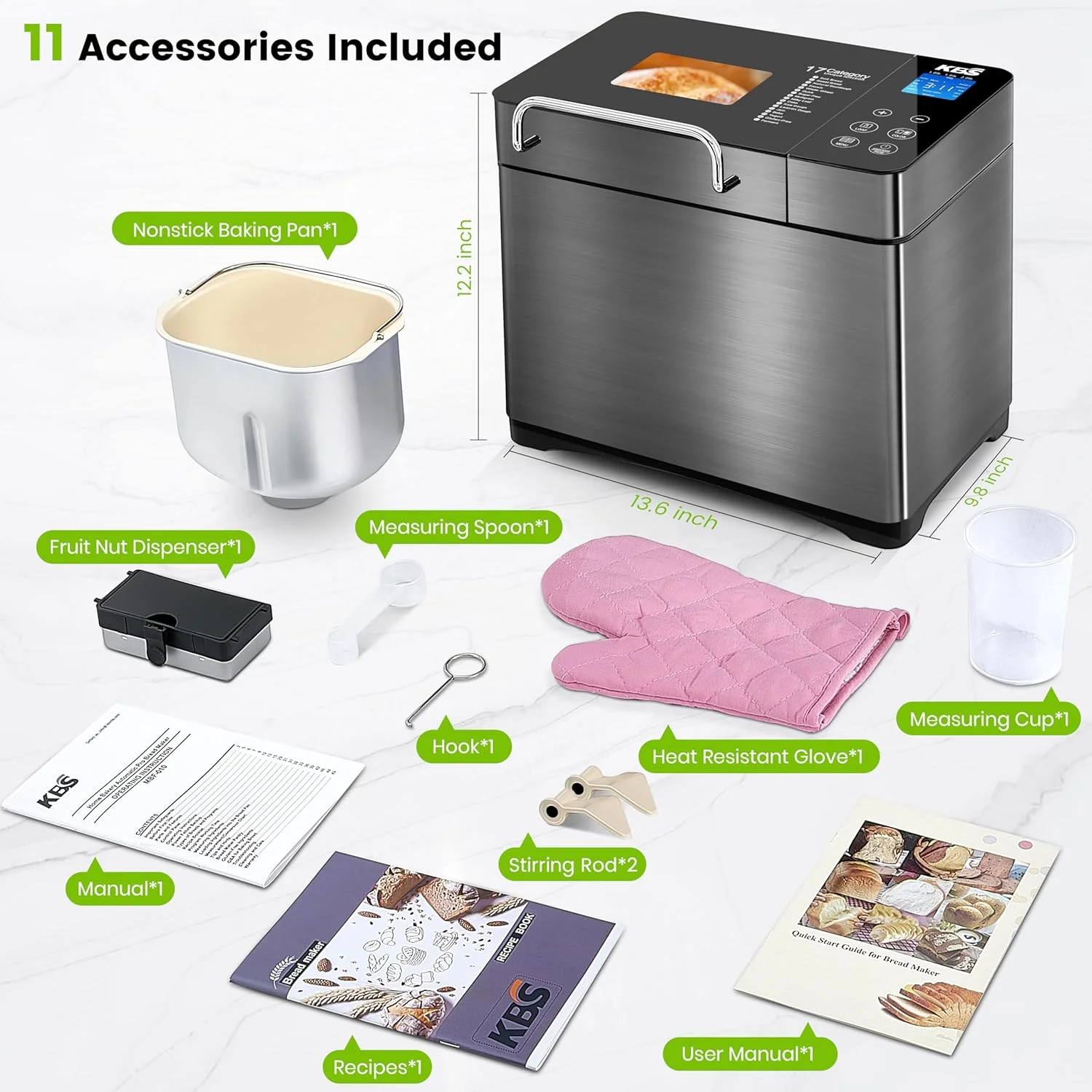 A 17-function integrated bread machine - dual heaters, 710 watts, stainless steel material - gluten-free, dough maker, jam, yogurt, program control, automatic nutrition dispenser, ceramic baking tray and touch panel, 3 types of bread sizes, 3 types o