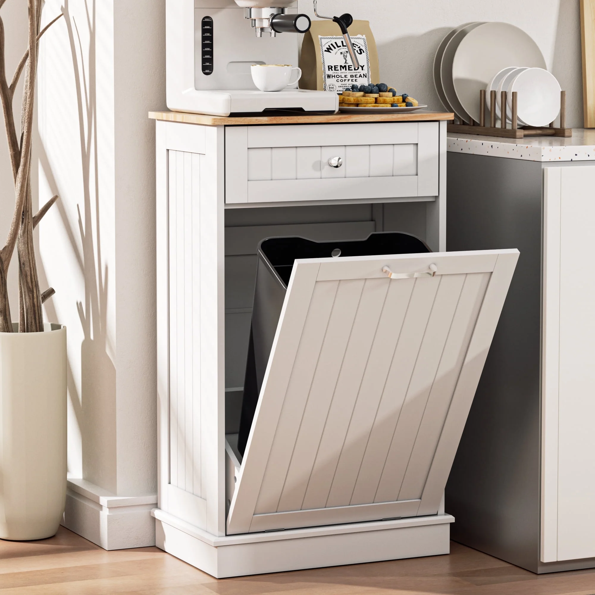 HARIPUL Single Tilt Out Trash Cabinet for 13 Gallon Waste Bin, Free Standing Kitchen Trash Can Cabinet with Drawers, White