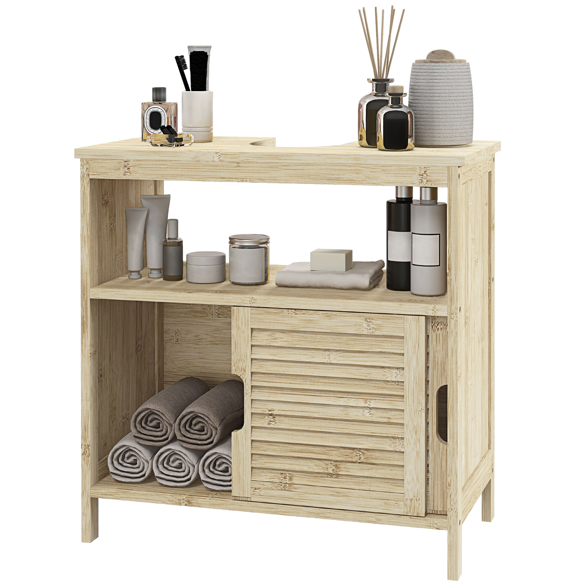 HOMCOM Bambus Waschtischunterschrank, Badezimmerschrank mit 2 Türen, 60 x 30 x 60 cm, Natürliches Holz