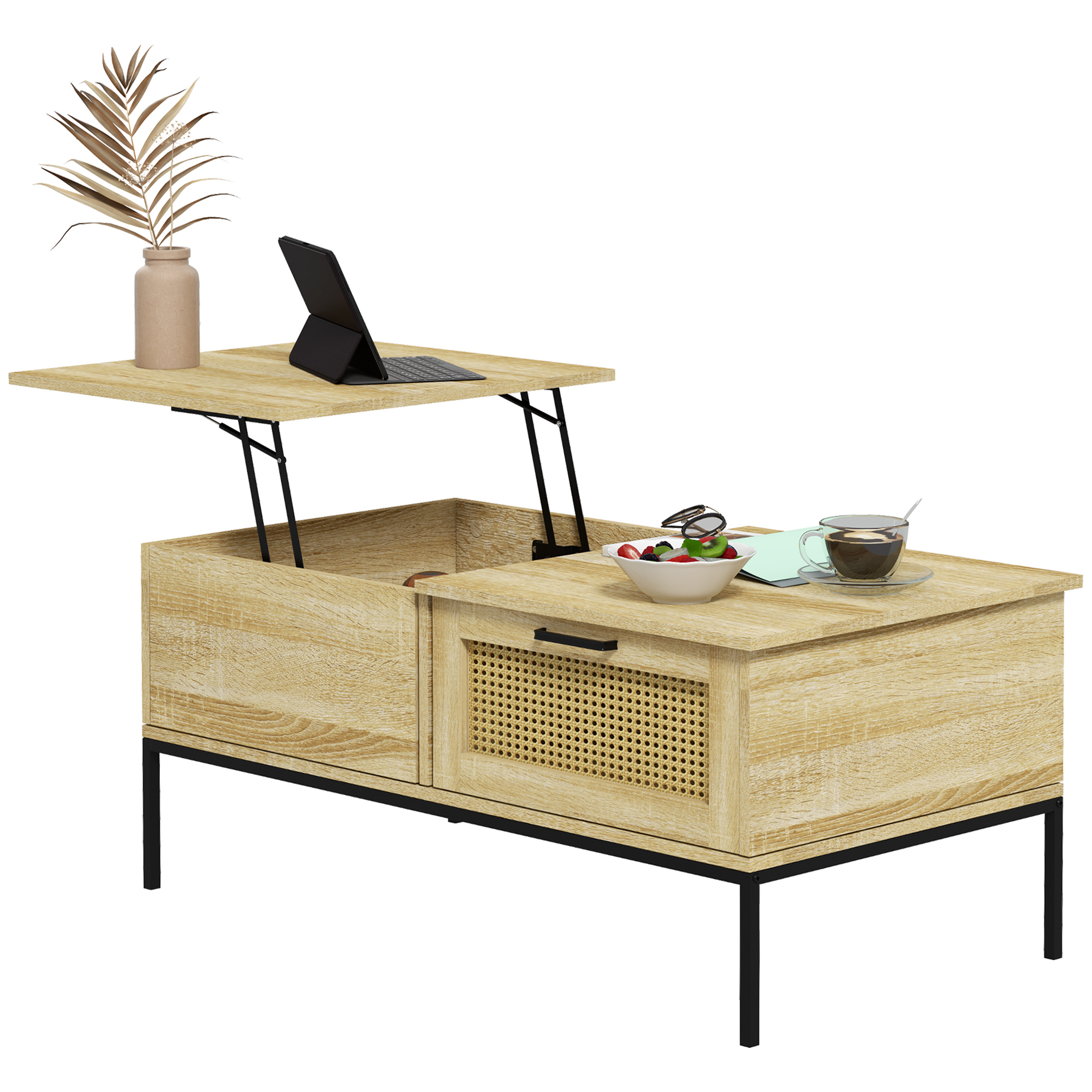 HOMCOM Kaffeetisch mit klappbarem Tablett Wohntisch mit 2 großen Schubladen Stahlgestell 106 x 56,3 x 48 cm Natürliches Holz