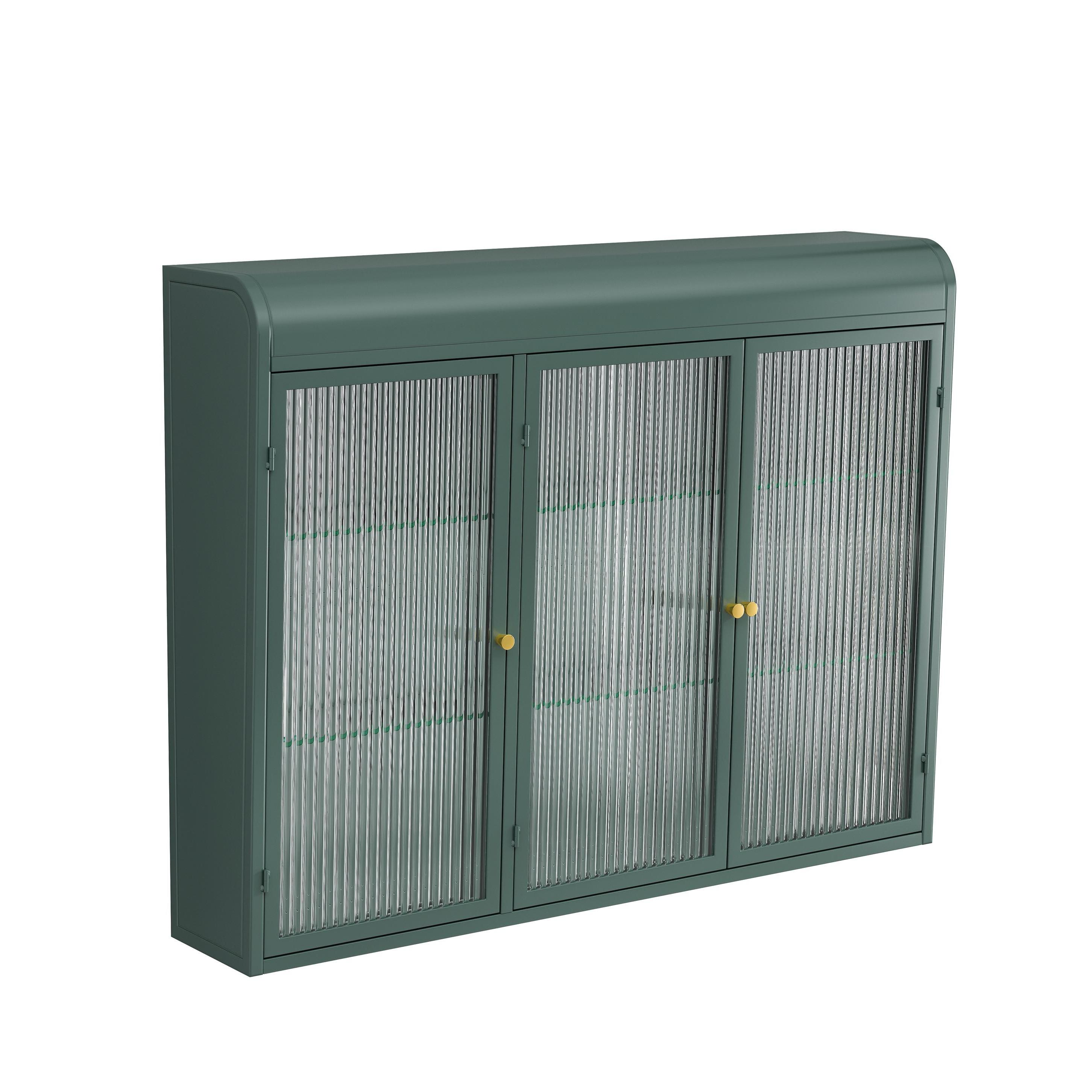 Badezimmerschrank hängend mit 3 Türen und Glasfront, 90x20x70 cm, perfekt fürs Badezimmer, Dunkelgrün