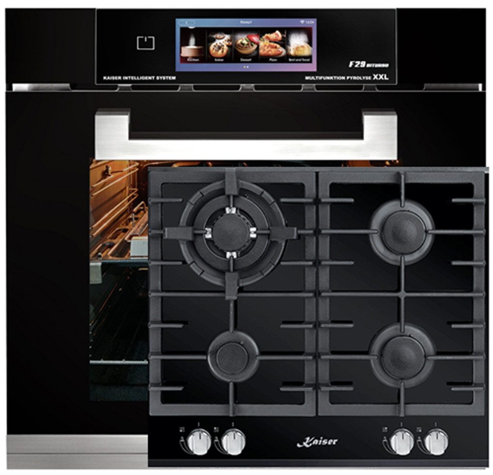 Backofen-Set Herd Set Autark Multifunktions-Elektro-Backofen mit Pyrolise und Dampfreinigung, TFT Display, 60cm, 86L+Gas-Kochfeld 60 cm EH 6344 N+KCG 6380.