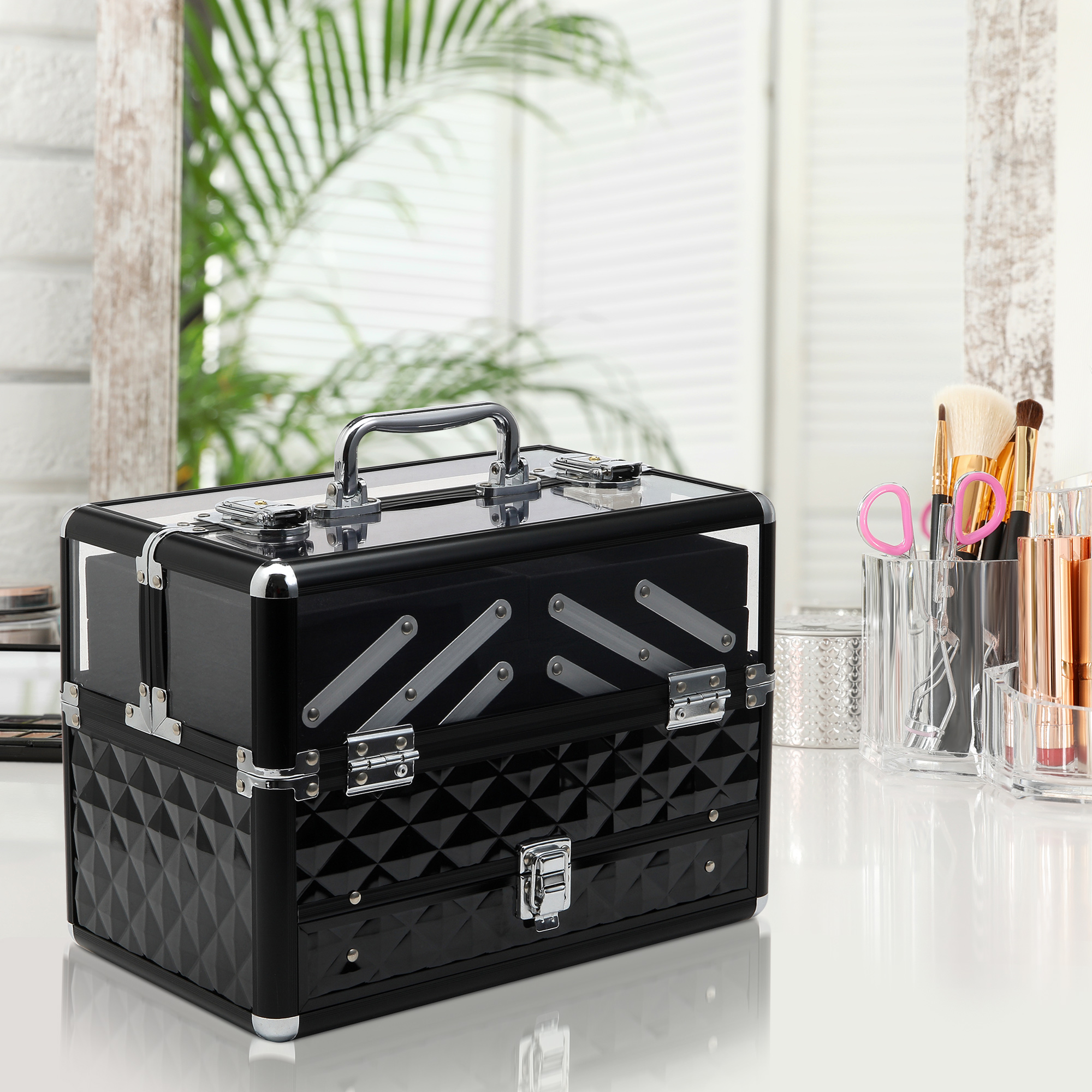 HOMCOM Make-up-Koffer - Kosmetikkoffer - Aufbewahrung von Schönheitsprodukten - Maße 30L x 18B x 22H cm - Aluminium Acryl Griffschloss Schwarz