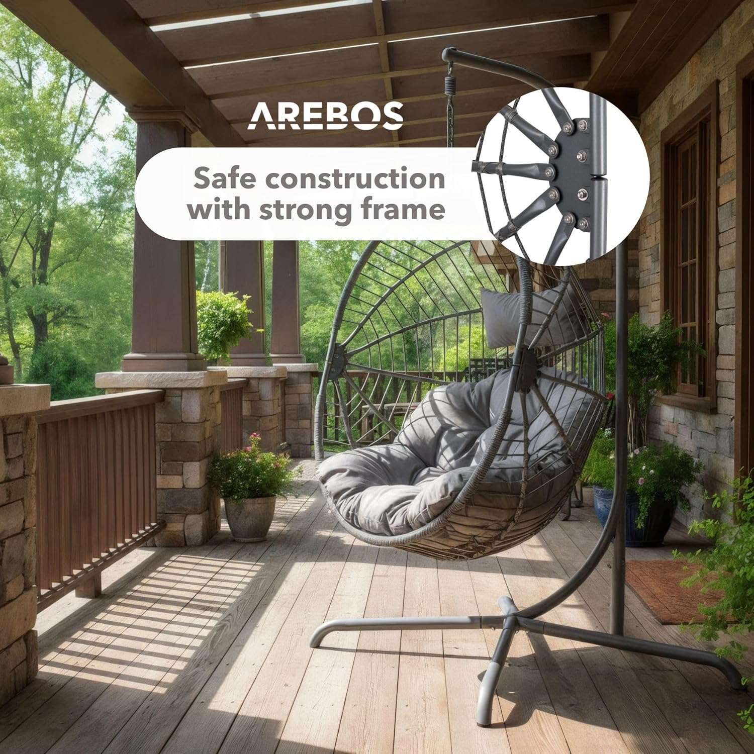 Arebos Poltrona Sospesa con Telaio | Poltrona a Uovo da Giardino e Balcone | Altezza Regolabile 160–180 cm | Telaio in Acciaio fino a 130 kg | con Cuscini Seduta e Schienale