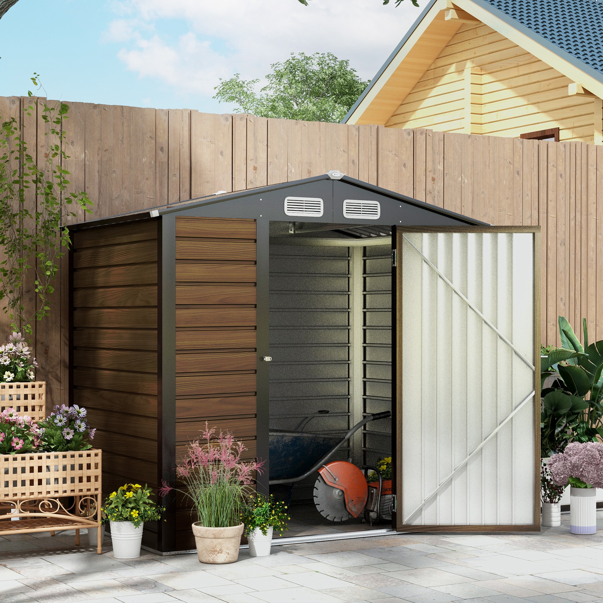 Outsunny Gartenlagerschuppen 2,27 m², Maße 190L x 131B x 188H cm inkl. Handschuhe abschließbare Tür Belüftungen Stahlblech Eiche