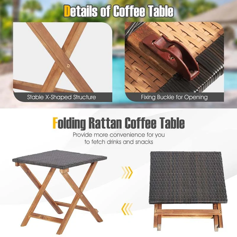 Eletriclife 3 Pcs Patio Wooden Rattan Lounge Chaise Chair Set with Folding Table