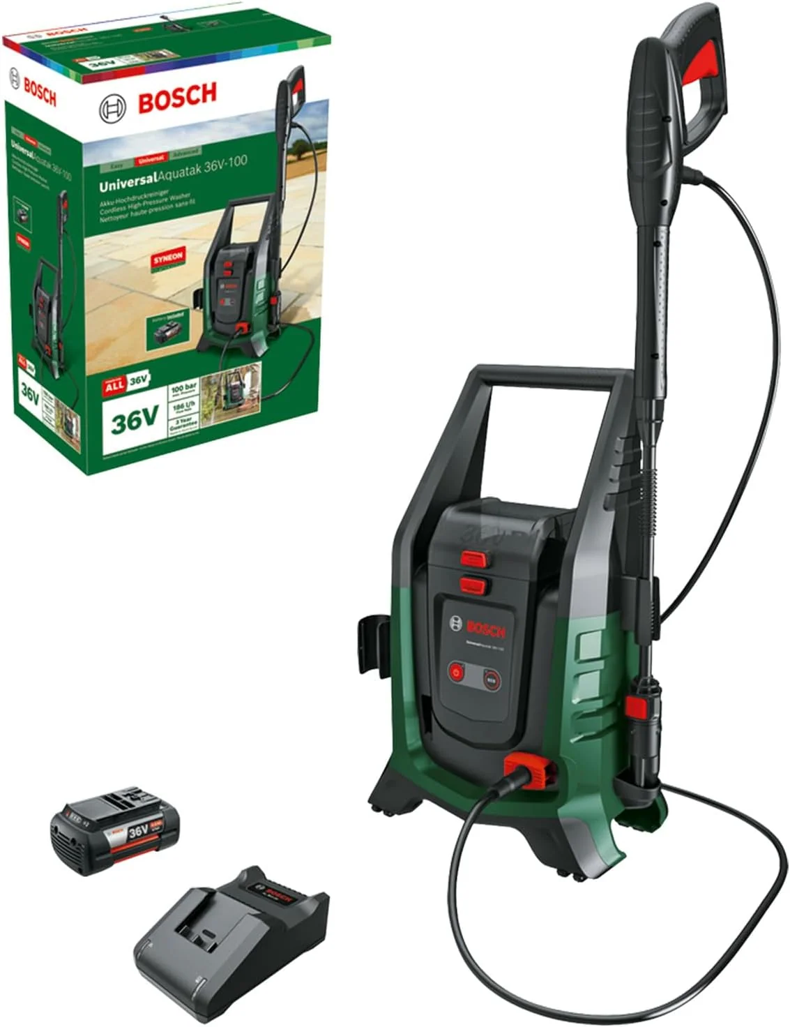 Bosch Hochdruckreiniger, 4.0 Ah, 36 V, grün/schwarz/rot, Mobiler Akku- UniversalAquatak -100 (für die Reinigung zu