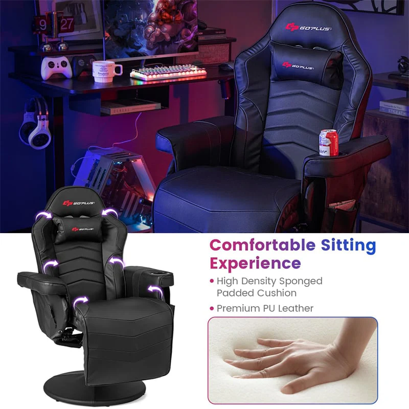 Ergonomic Gaming Recliner Chair with Massage, Retractable Footrest & Cup Holder, Height Adjustable Racing Style Swivel Video Game Chair