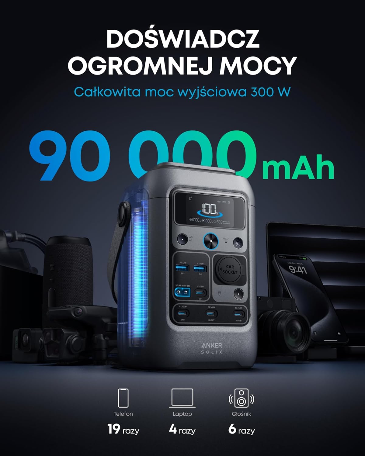 Stacja zasilania DC Anker SOLIX C300, 288 Wh, przenośna stacja zasilania, akumulator LiFePO4, generator słoneczny 300 W, na biwak, podróż i sytuacje awaryjne (bezładowarki ściennej)