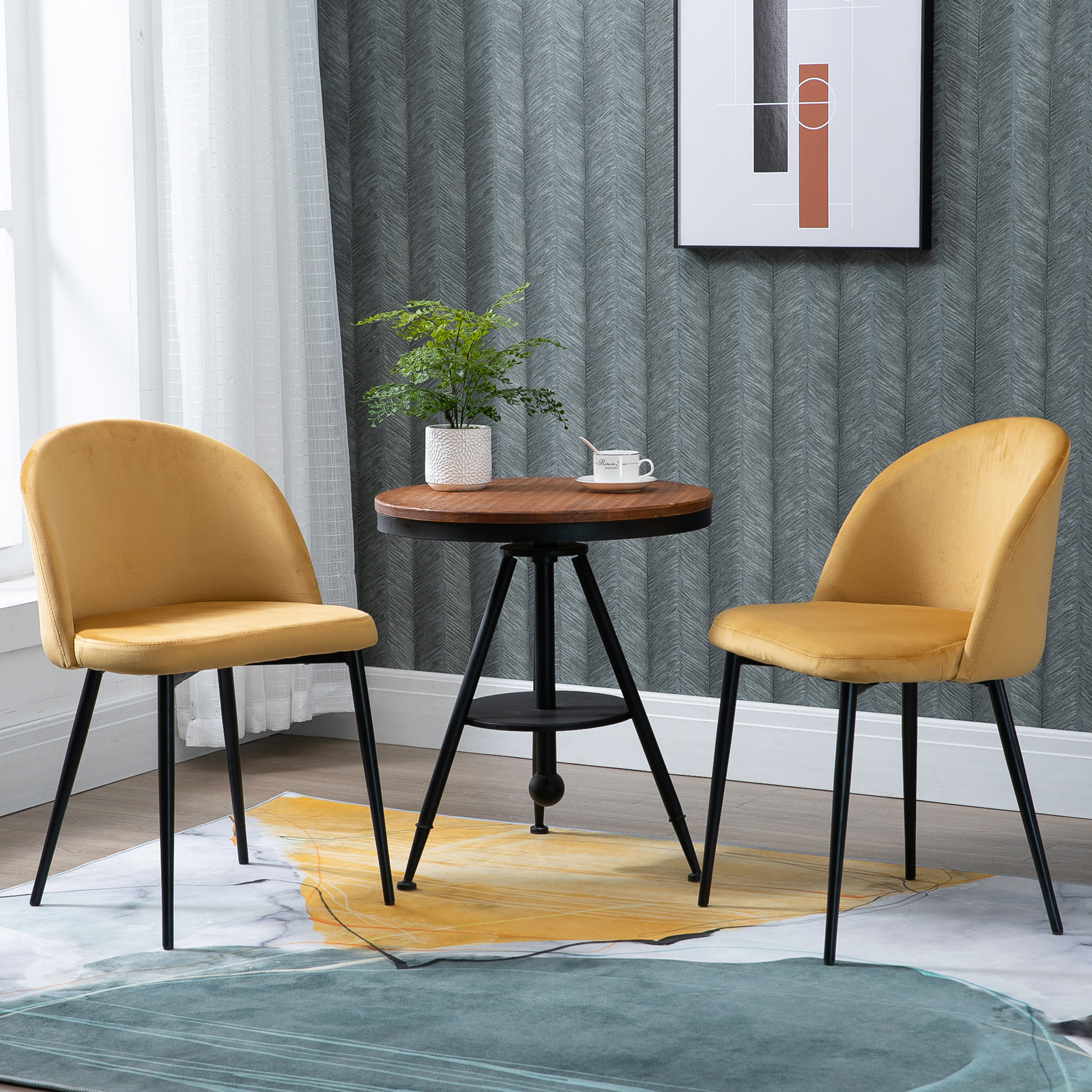 HOMCOM Set mit 2 Esszimmerstühlen, skandinavischer Küchenstuhl aus gepolstertem Velours mit schlanken Metallbeinen, für Wohnzimmer, Esszimmer, gelb