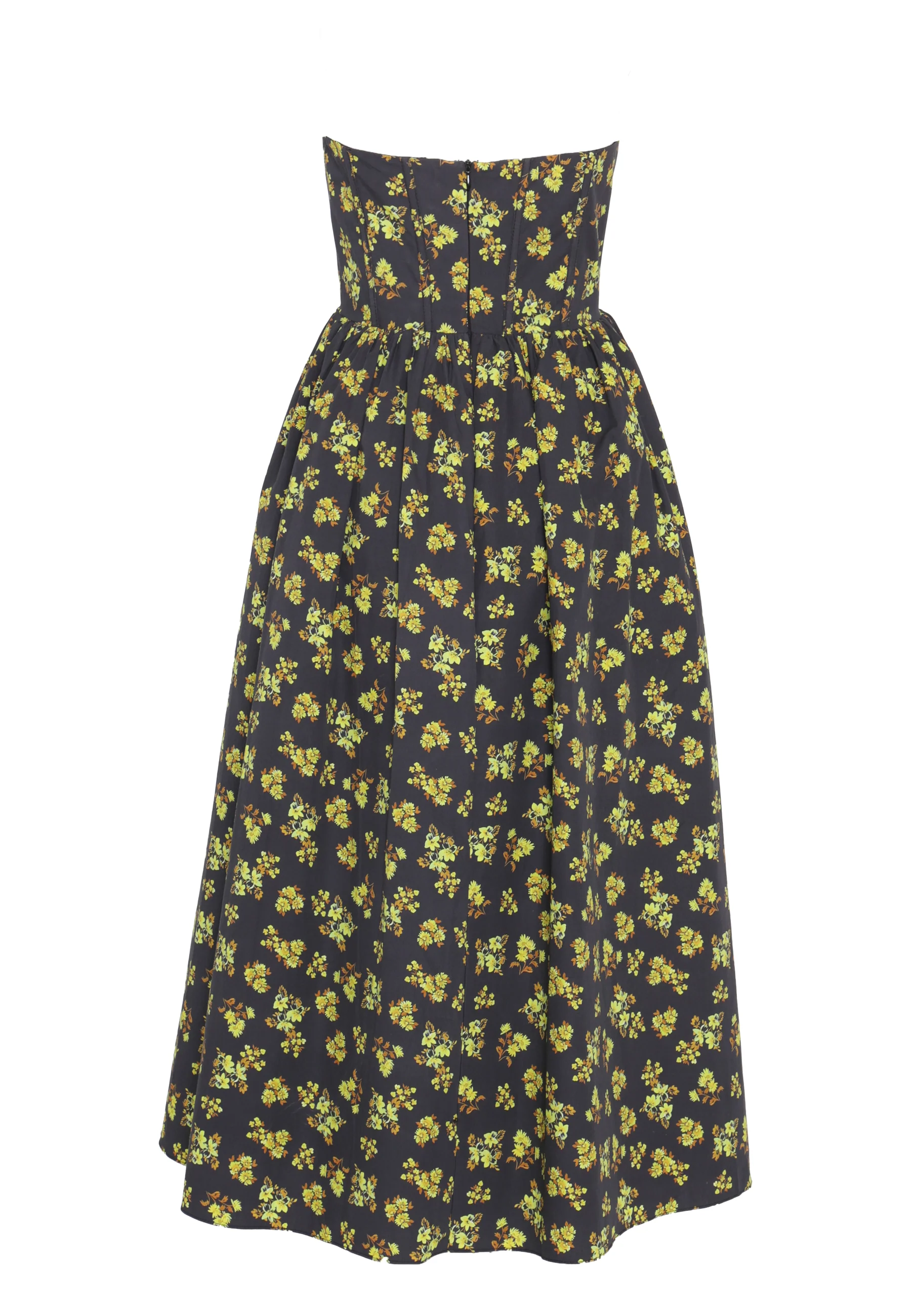 Henrietta Navy-Yellow-Ditsy-Floral Strapless Corset Midi-Dress