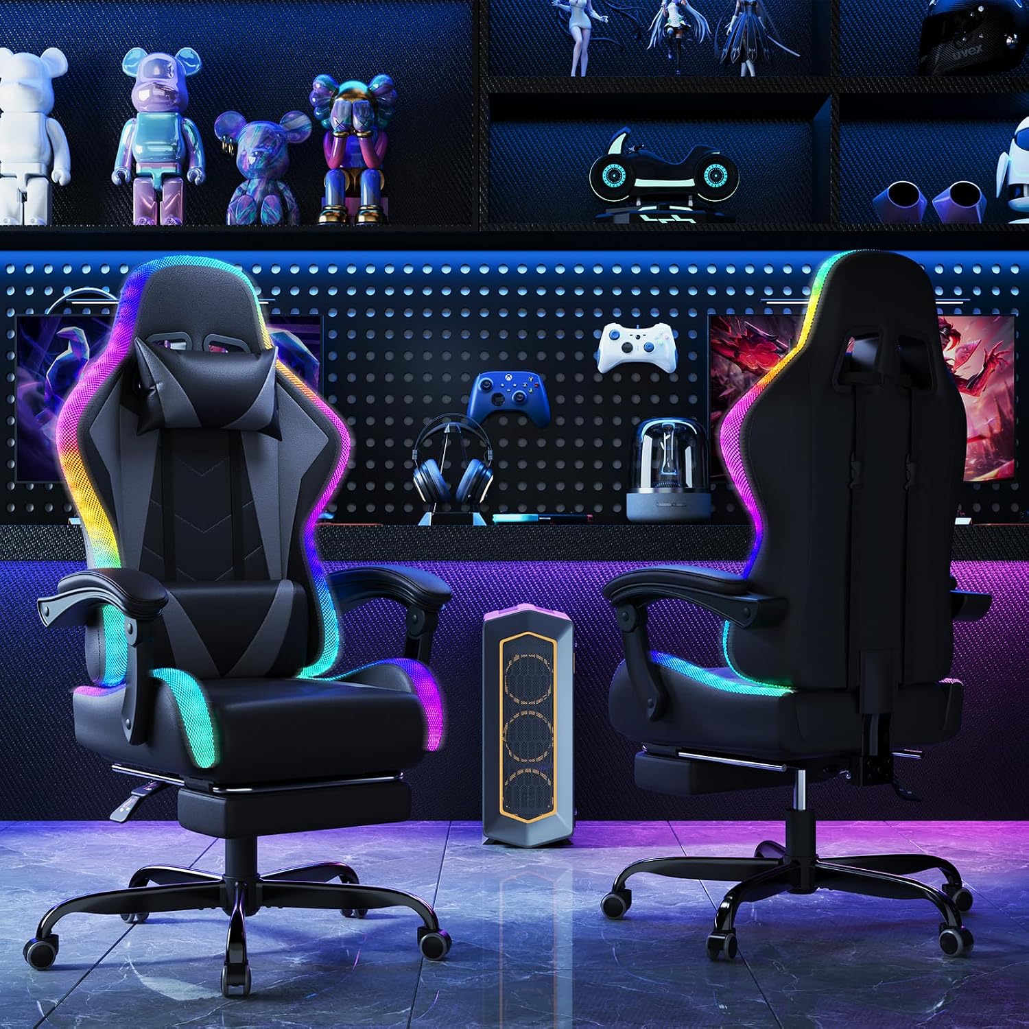 Devoko Sedia da Gaming con Massaggiante Schienale Regolabile 90-135°, Sedia Gaming con LED e Poggiapiedi Telescopico,Poltrona Gaming Ergonomica Portata 150 kg (Gray)