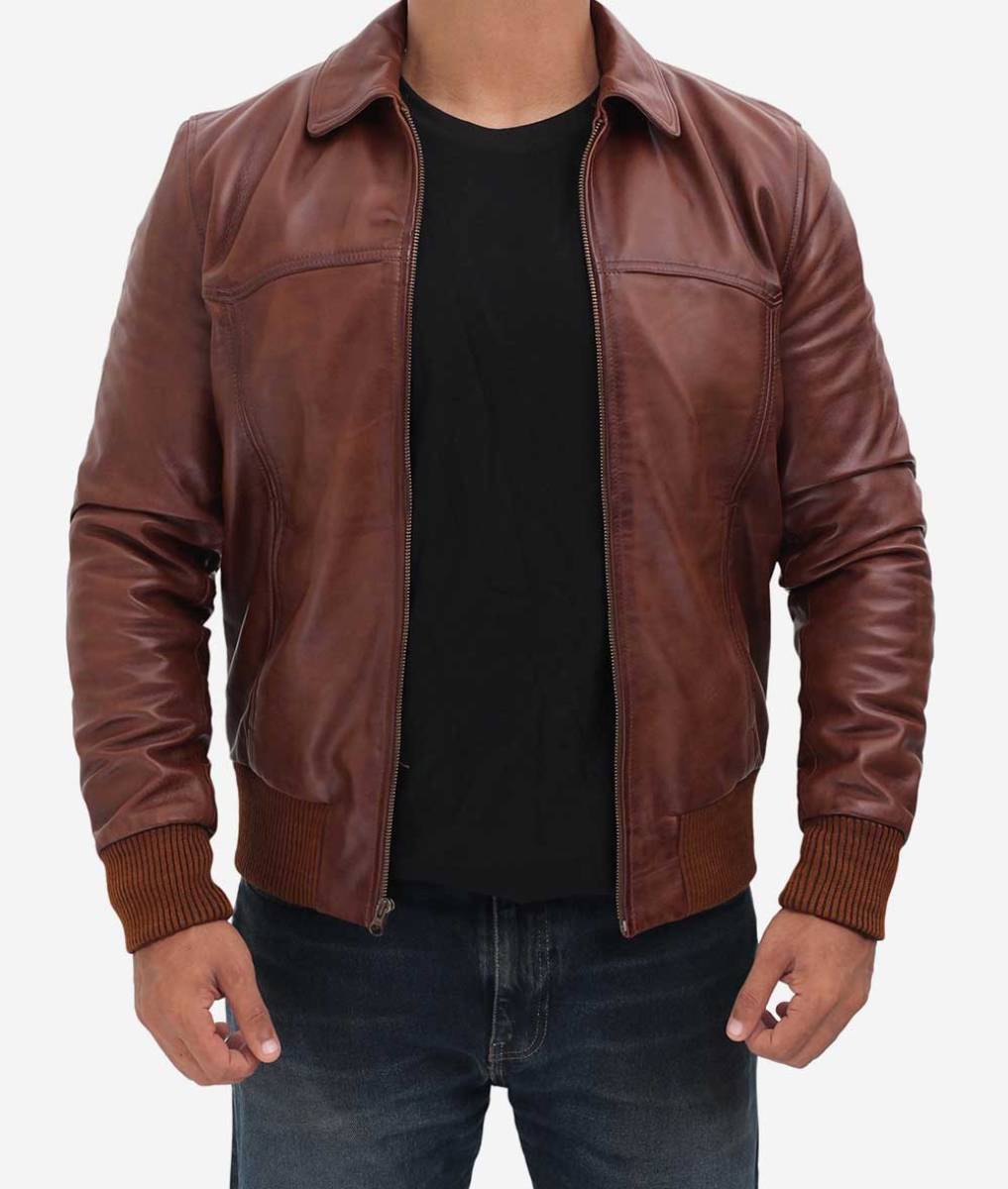 Mens Shirt Collar Tan Leather Bomber Jacket