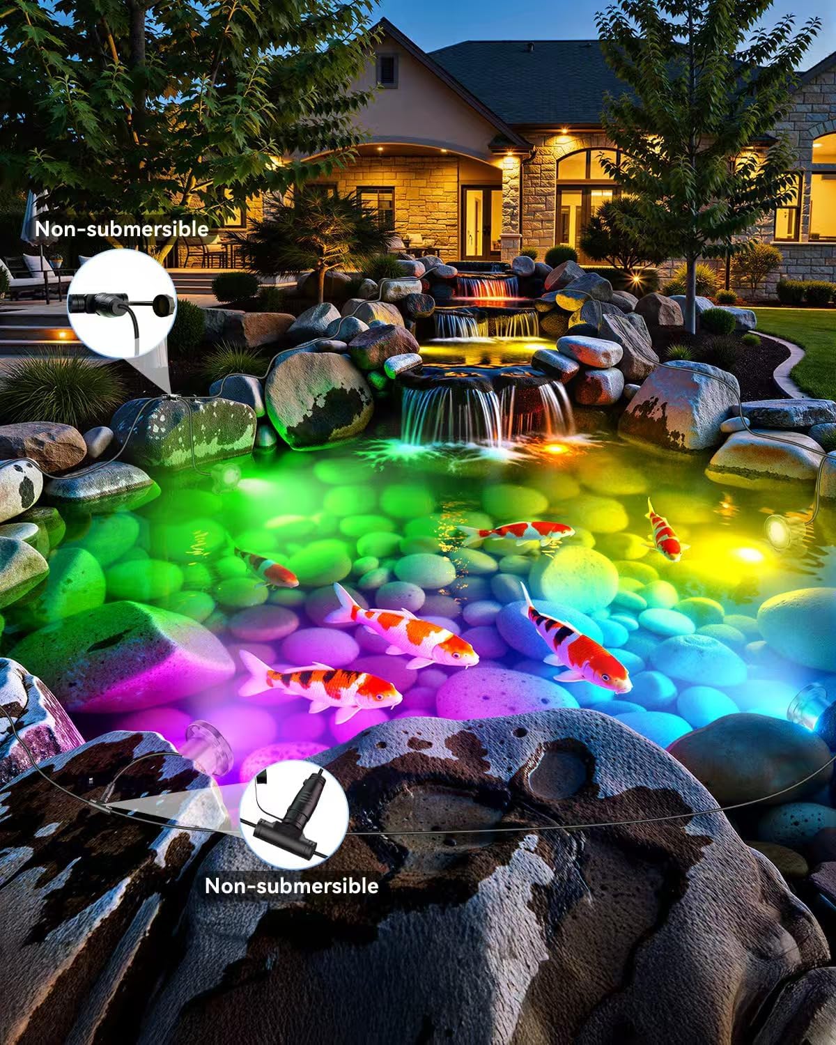 All-in-One Teichbeleuchtung LED Edelstahl SS316, RGB Erweiterbare Teichlampen Unterwasser mit 12M Kabel, Teichlicht IP68 für Teich, Wasserfall, Bach, Fischteich, Wasserspiel, 4er-Pack