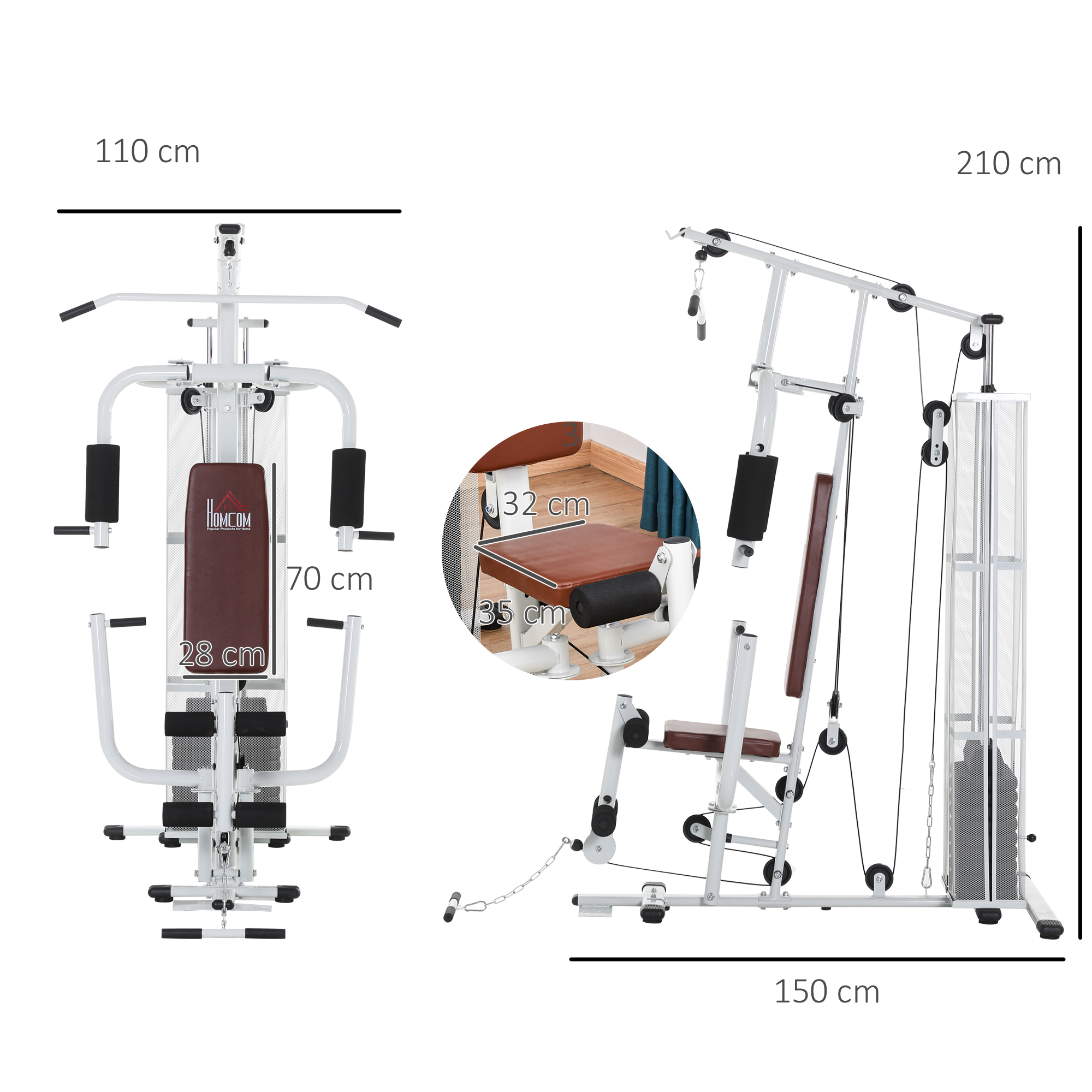 Gym Krachtstation Fitnessstation Multigym Fitnesscentrum Fitnessapparatuur incl. gewichten Latzug Beincurl Metaal PU-kunstleer Wit 150 x 110 x 210 cm