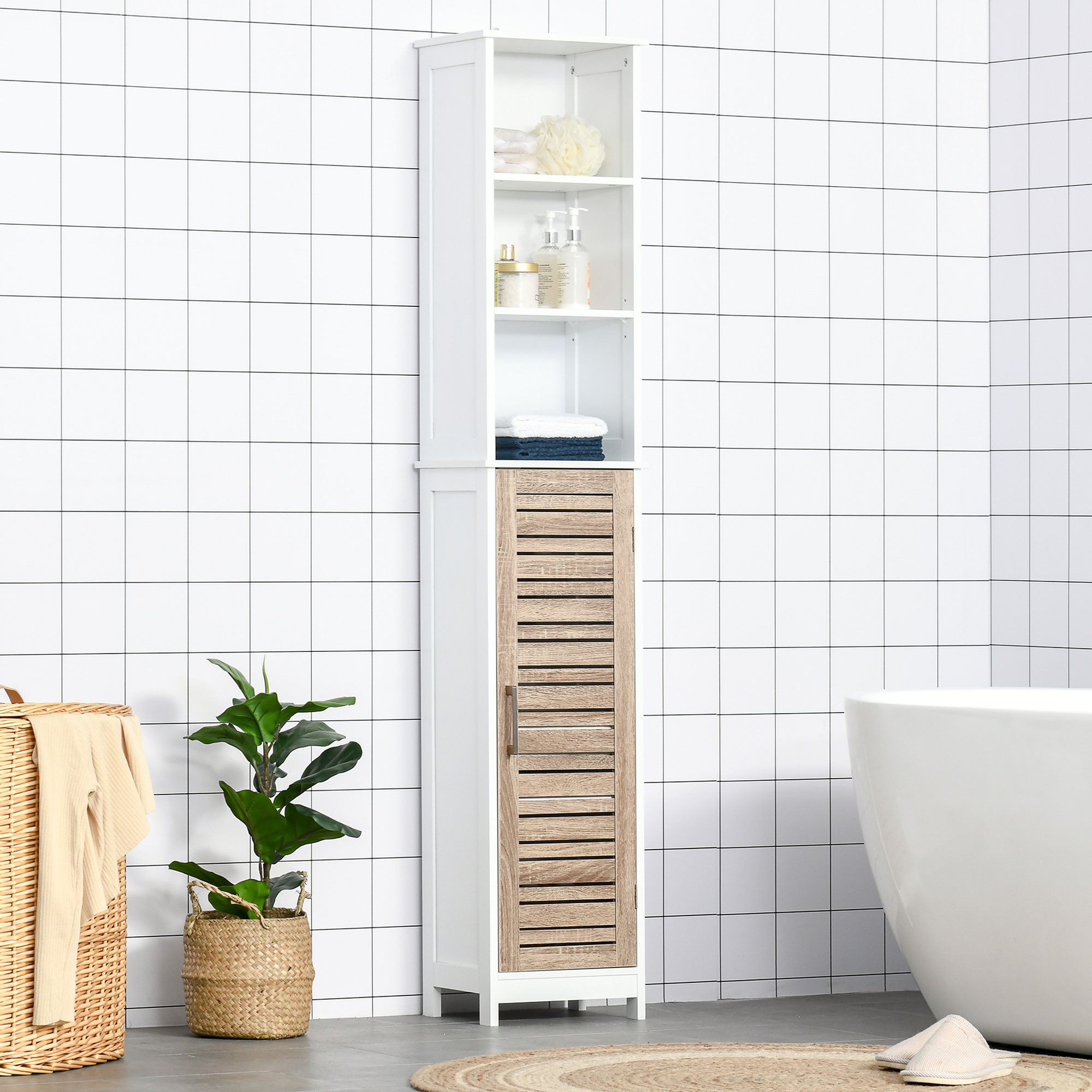 kleankin Badezimmer Hochschrank Freistehender Badezimmerschrank Badschrank Badmöbel mit 3 offenen Regalen Schrank verstellbarem Regal Stauraum Weiß 34 x 26 x 172 cm