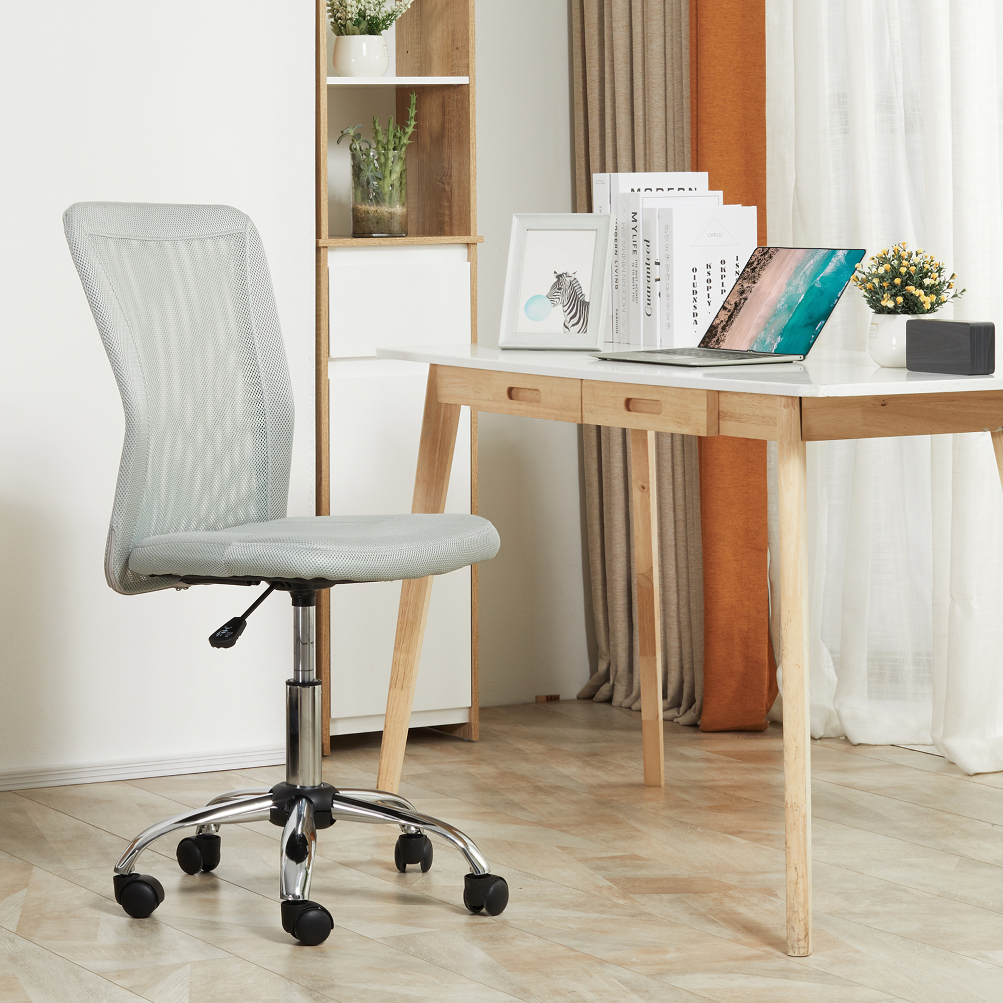 Vinsetto Bürostuhl ergonomisch höhenverstellbarer Bürostuhl mit verchromtem Fußgestell um 360° drehbarer Mesh-Stoffbezug Grau