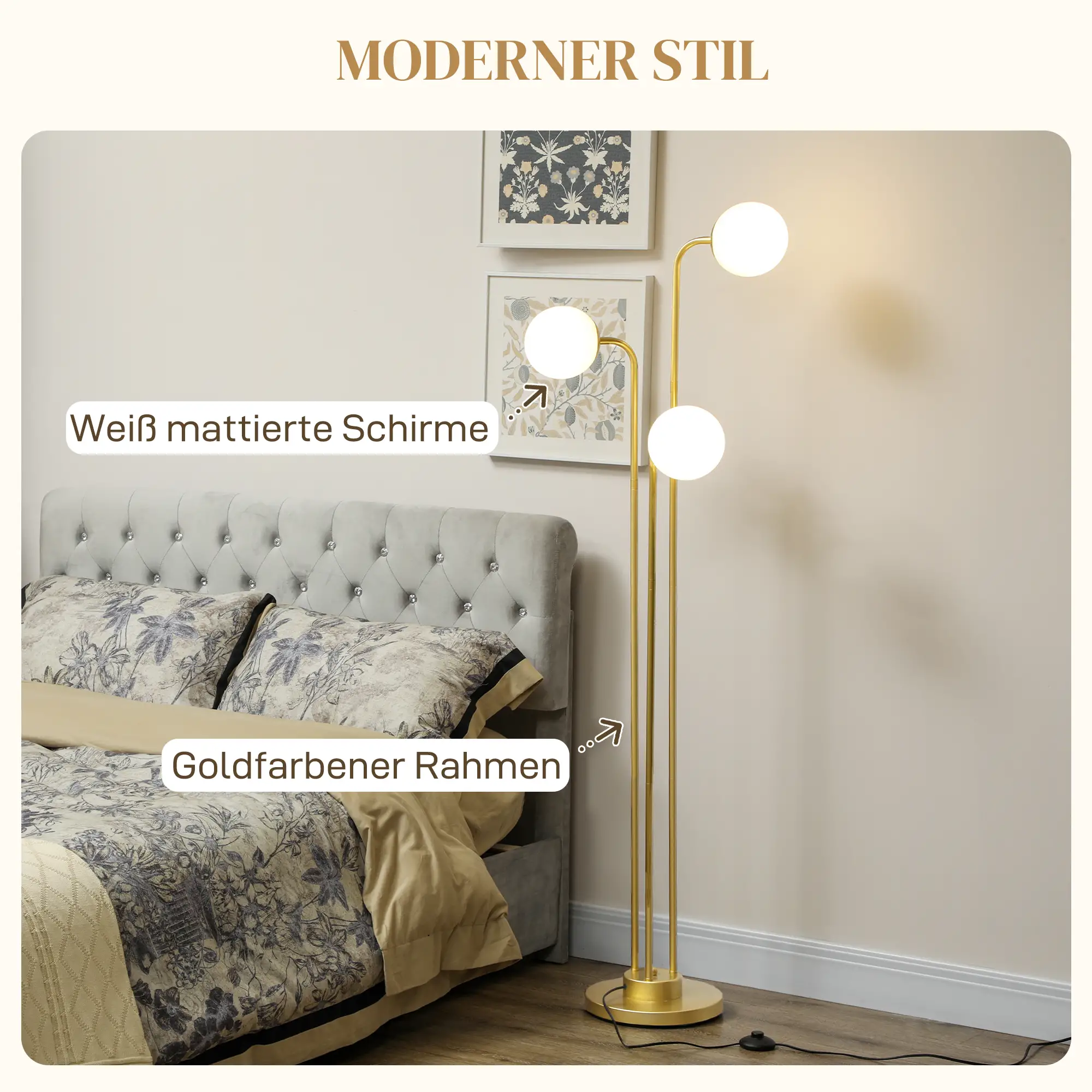 HOMCOM Stehlampe drehbar 3 Schirme Wohnzimmer Leselampe Gold