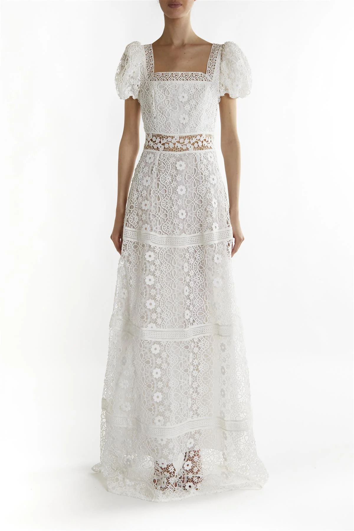 White Lace Square Neck Maxi-Dresses