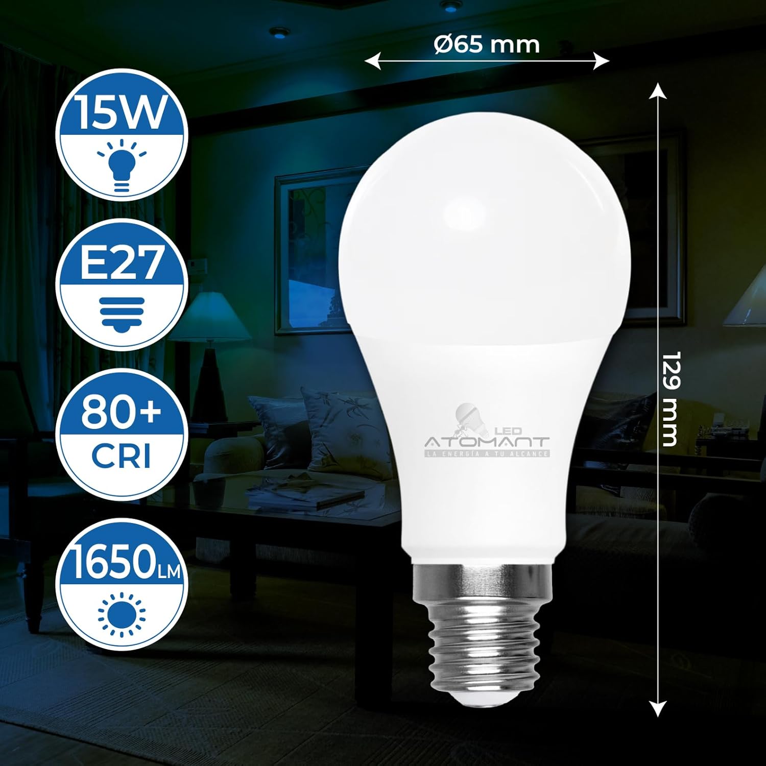 LED ATOMANT Packung mit 100 LED-Lampe E27 A65 15W, Warmweiß (3000 K), 1650 Lumen, Großer Schraubsockel, Entspricht 165W, Nicht dimmbar