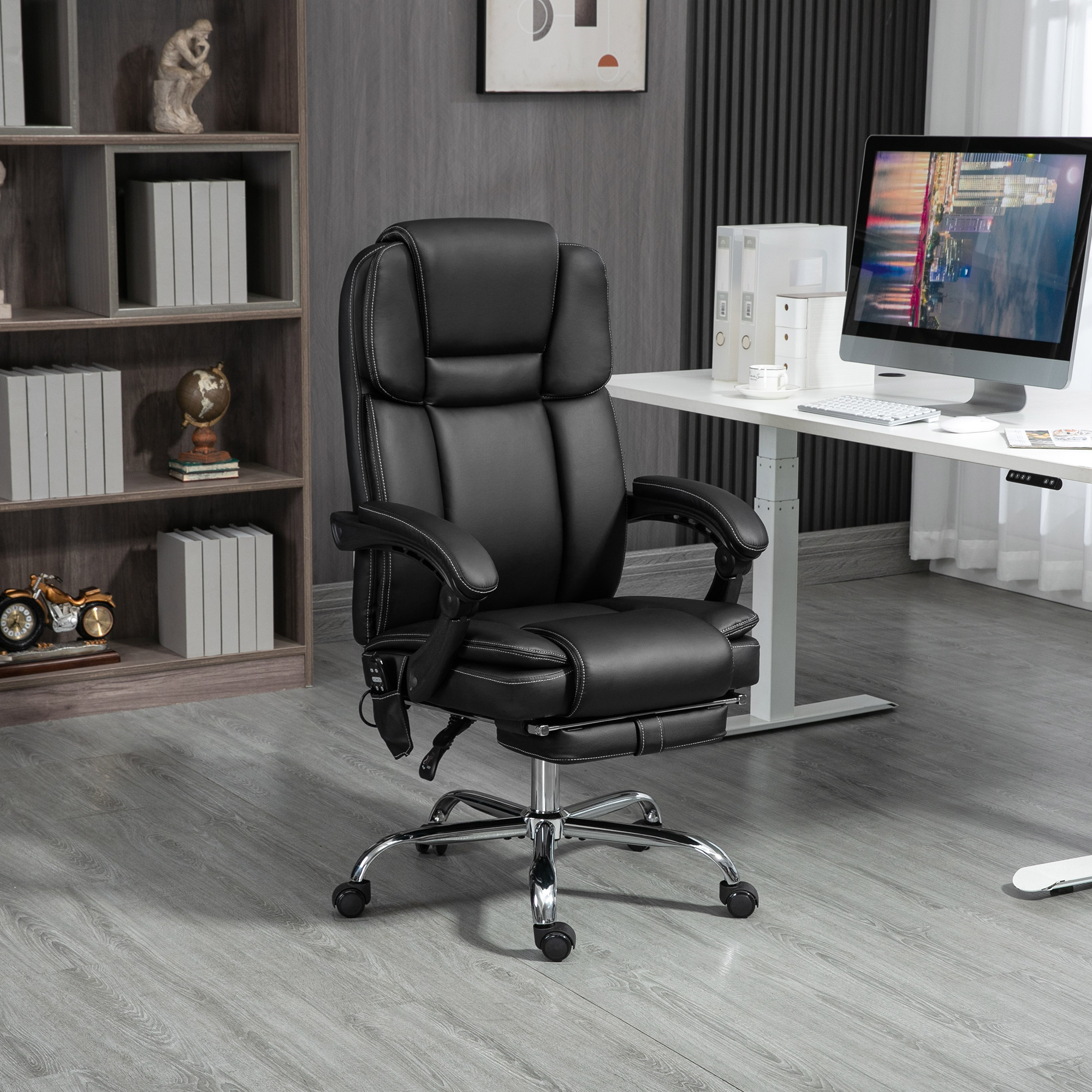 Vinsetto Verstellbarer Bürostuhl mit 6 Massagepunkten, Wärmefunktion, Fußstütze, Kunstleder, Schwarz