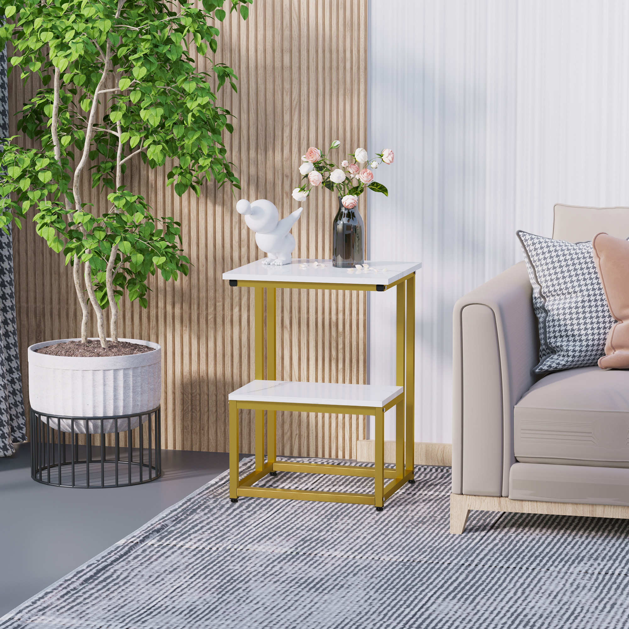 HOMCOM Moderne Couchtisch Beistelltisch Nachttisch Blumensäule neoretro Design goldener Stahlrahmen Tischplatte weißer Marmor-Effekt Regal