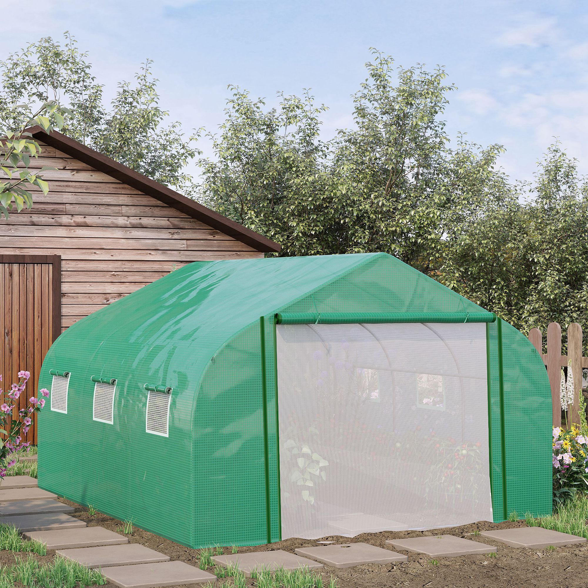 Outsunny Gartengewächshaus-Tunnel Groß 3,5 x 3 x 2 m - 6 Fenster und aufrollbare Reißverschlusstür - Feuerverzinkter Stahl PE Hochdichtefolie Grün