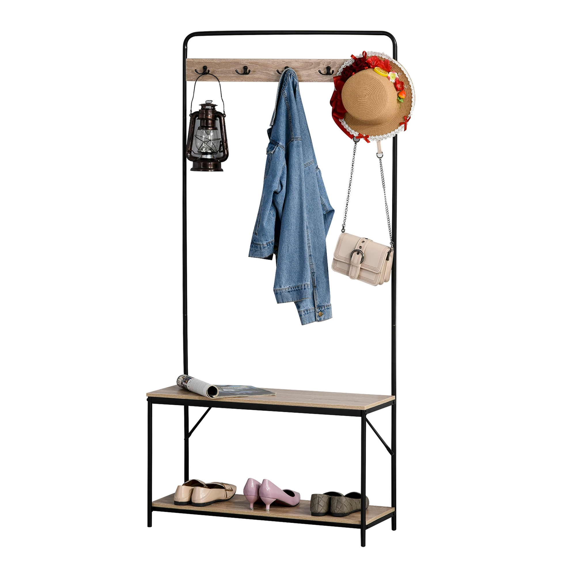 HOMCOM Garderobe mit Schuhablage Flurgarderobe im Industriestil 80B x 30T x 170H cm Eichenholzimitat Metall Schwarz