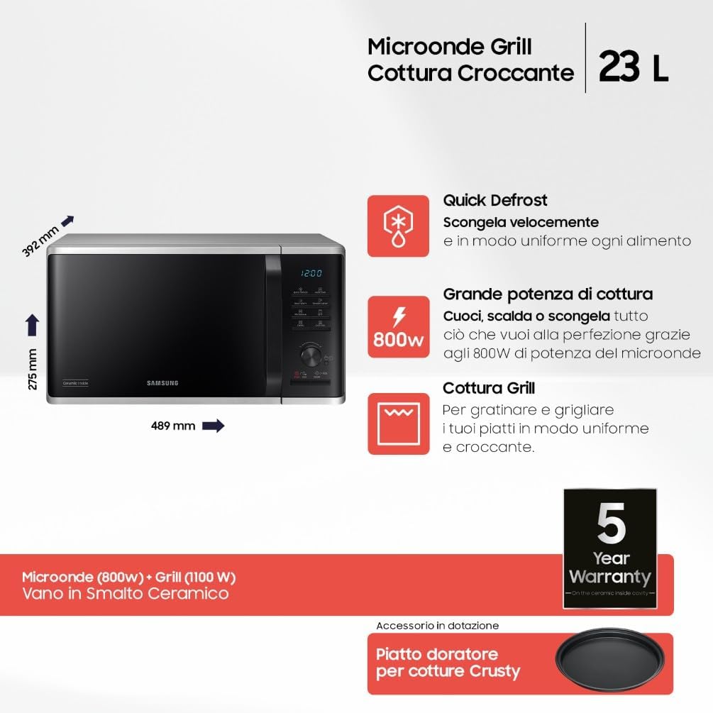 Samsung Forno a Microonde Grill Cottura Croccante MG23K3515CSE1 con Piatto Doratore incluso, Programmi Automatici, Quick Defrost, Capacità: 23L, Colore: Silver, LxAxP: 48,9 x 27,5 x 39,2 cm