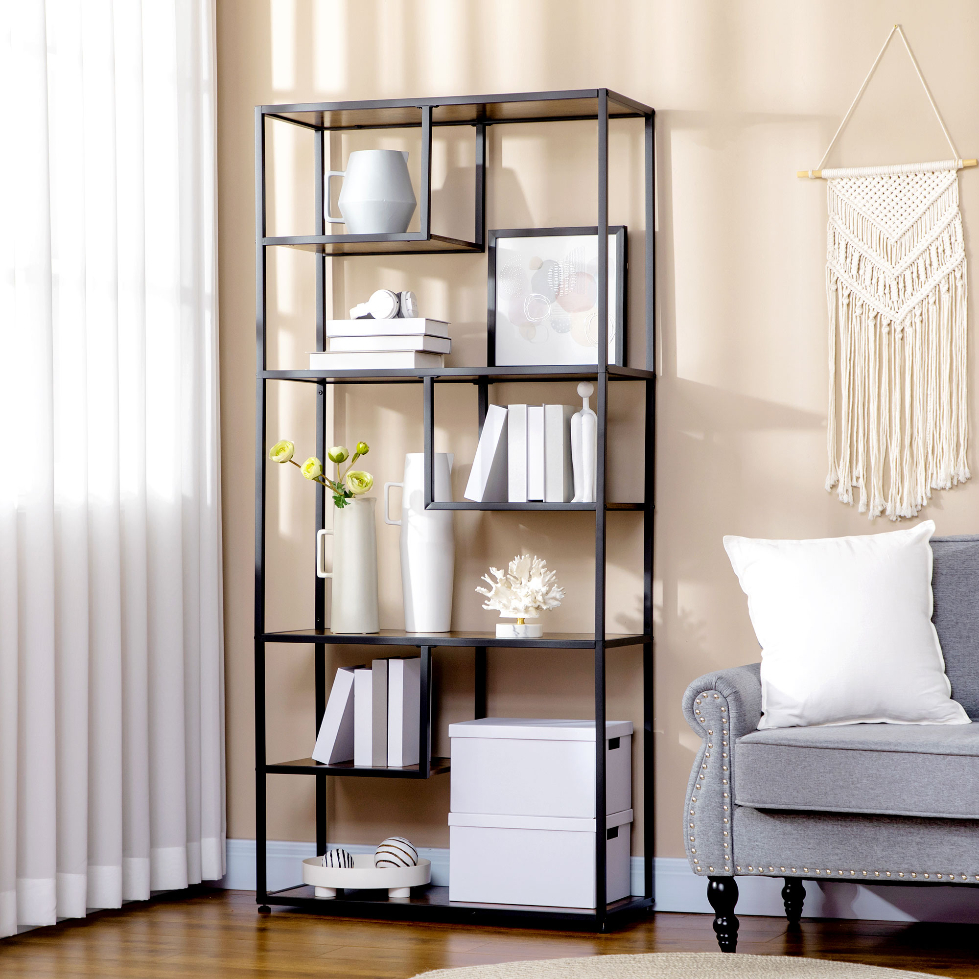 HOMCOM Bücherregal Wandregal Regal, Industrie-Design, 7 Regalböden, 83 cm x 34 cm x 180 cm, Braun + Schwarz