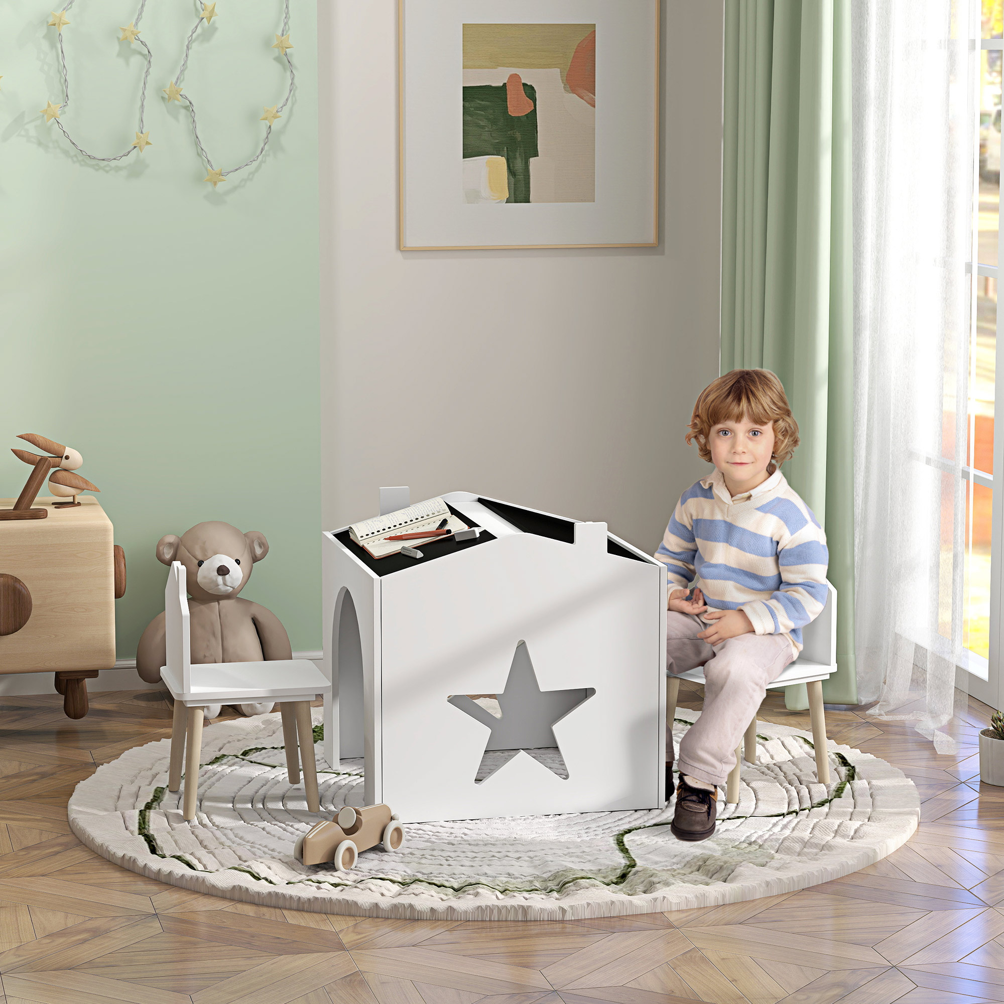 AIYAPLAY Set 1 Tisch und 2 Stuhl 3-teilig für Kinder, Schiefertafel, MDF und Kieferbeine, für 3-8 Jahre, Weiß