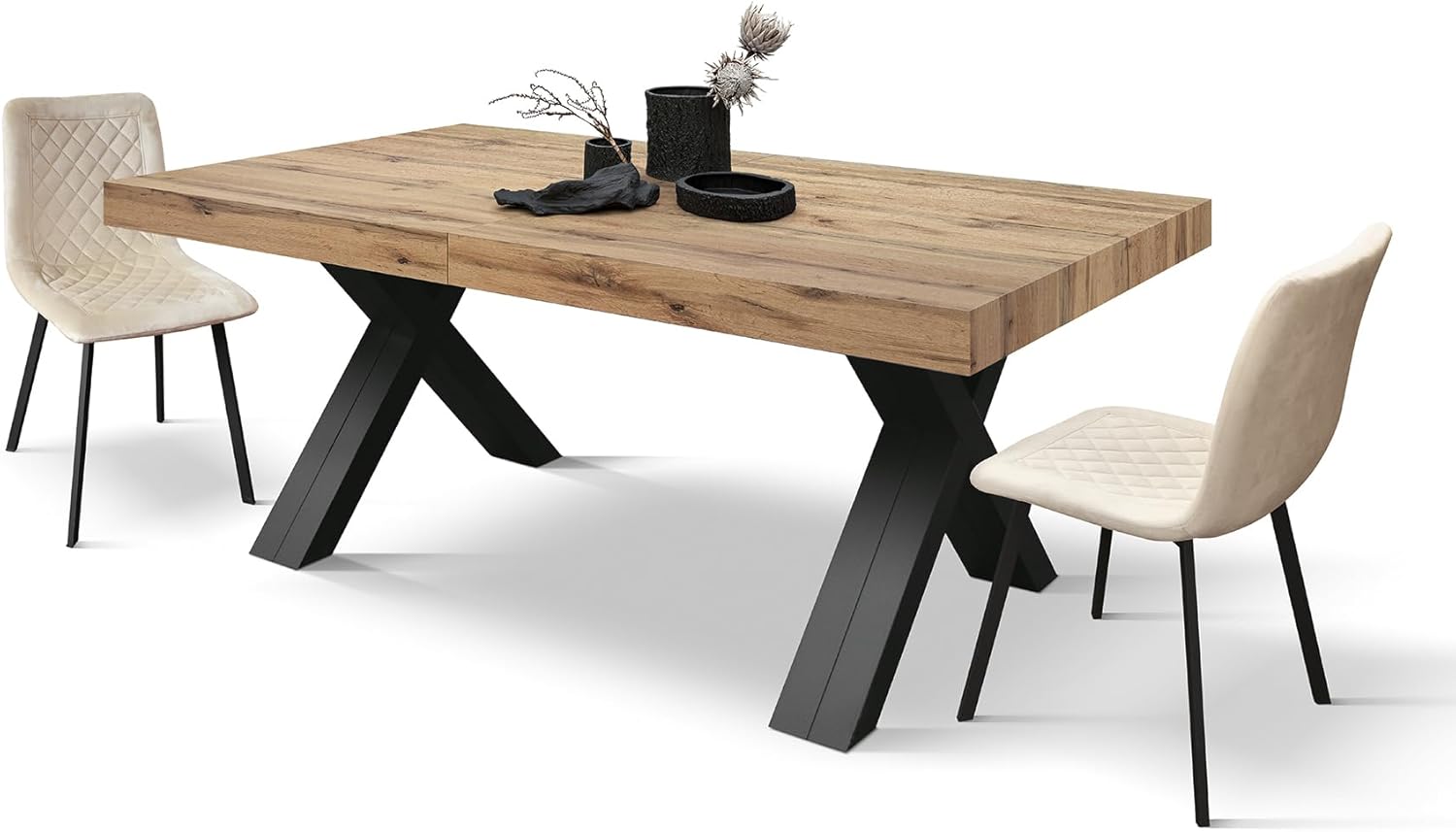 PAZZO DESIGN Tavolo Allungabile Roberta, Tavolo Soggiorno, Tavolo Cucina, Rovere Rustico, Gambe Incrociate Nere a X, Da 180 a 480 cm, Made in Italy - id_2005