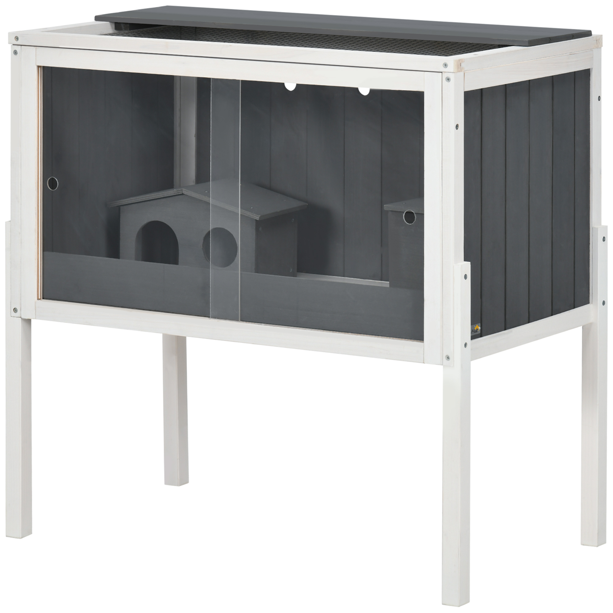 PawHut Hamsterkäfig, 3000 cm² Zwerghamsterkäfig aus Holz und Metall, mit 2 Hütten, Acrylschiebetüren, stabil, sicher, Grau+Weiß