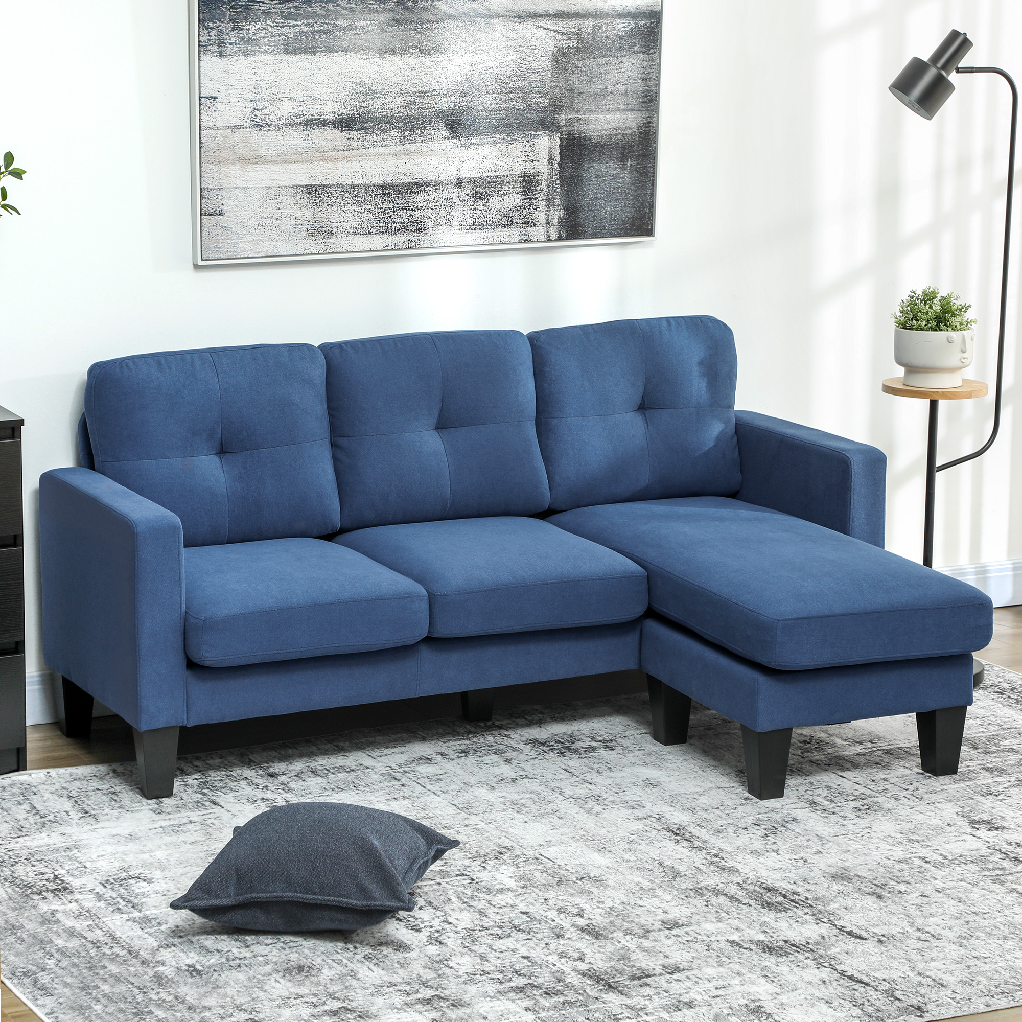 HOMCOM Ecksofa 3-Sitzer Chaiselongue rechts oder links verstellbar, Wohnzimmer, hoher Komfort, gepolsterte Rückenlehne, blau