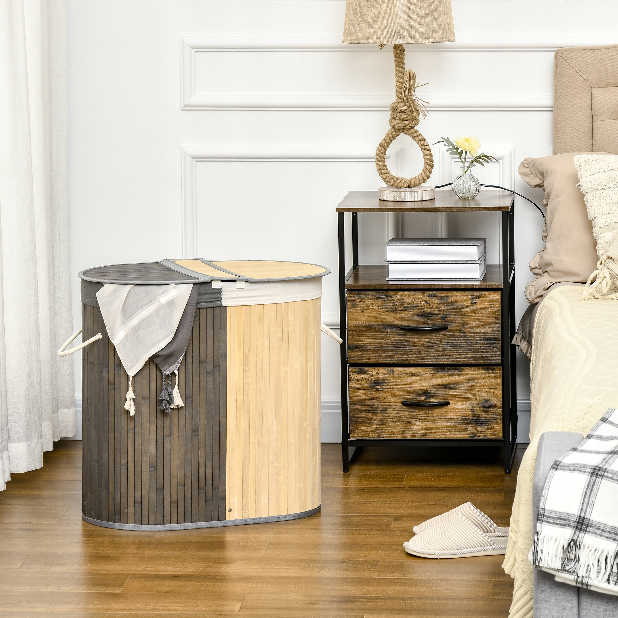 HOMCOM Wäschekorb aus Bambus 100L mit 2 Fächern, Deckel und herausnehmbarem Beutel 62,5 x 37 x 60,5 cm - Grau