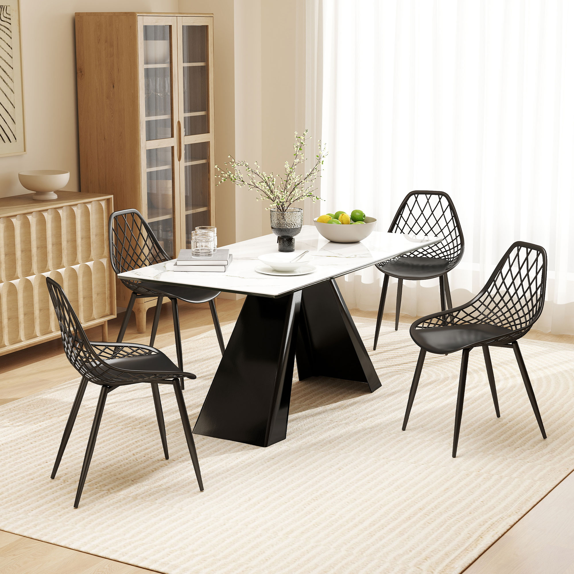 HOMCOM Set 4 Moderne Esszimmerstühle mit perforiertem Kunststoffrücken und Metallbeinen, Schwarz