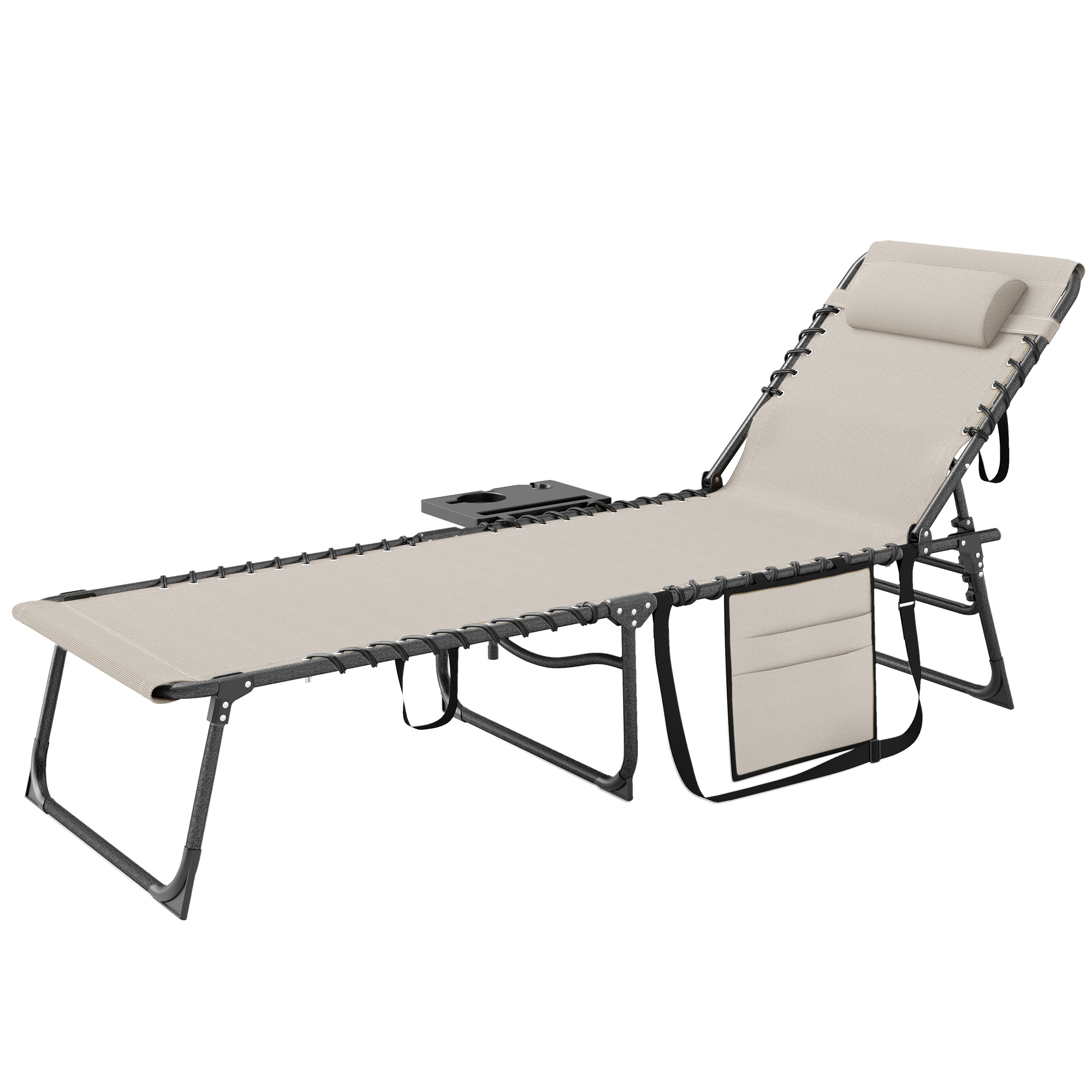 Outsunny Gartenliegestuhl Faltbar und in 5 Positionen verstellbar mit Seitentisch und Tasche, 60x190x31 cm, Cremeweiß