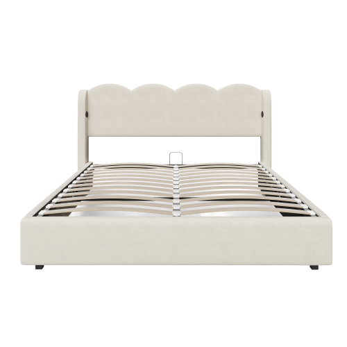 Doppelbett mit wellenförmigem Kopfteil, LED-Licht, hydraulischem Stauraum, Stoff in Samtoptik, 160×200 cm, ohne Matratze, Beige