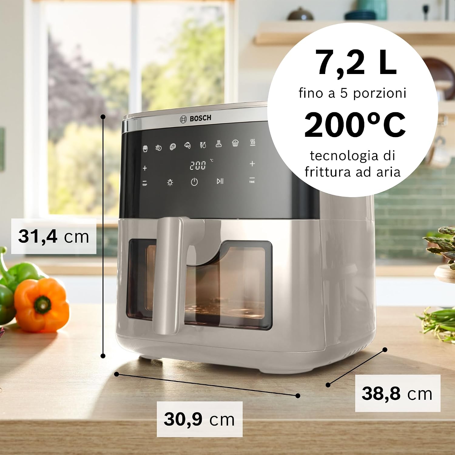 Bosch MAF671C0 Friggitrice ad Aria XXL 7,2 Litri, Finestra Illuminata,Beige
