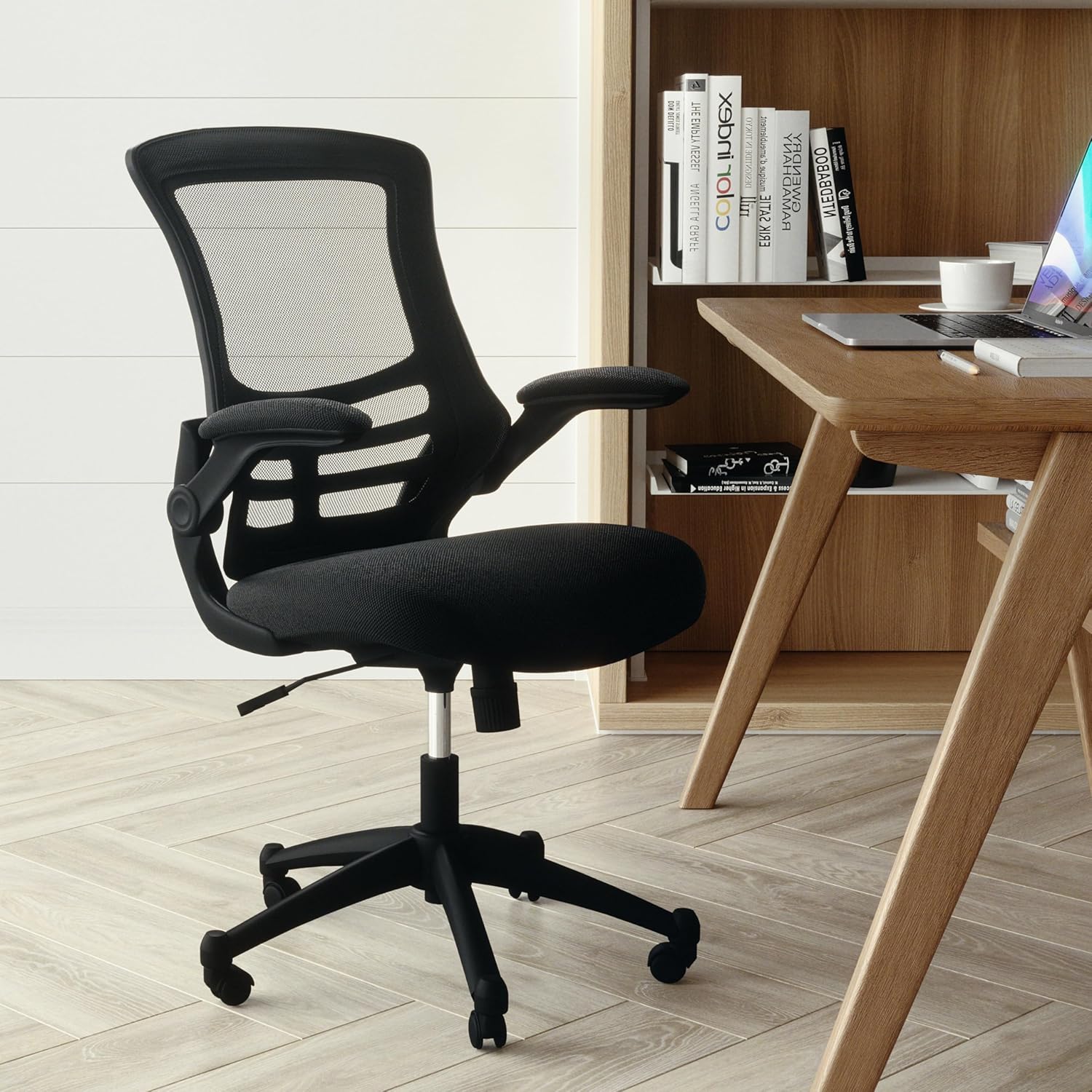 Flash Furniture Kelista Mid-Back Swivel Office Chair with Adjustable Seat Height, Ergonomic Mesh Desk Chair with Flip-Up Armrests, Black