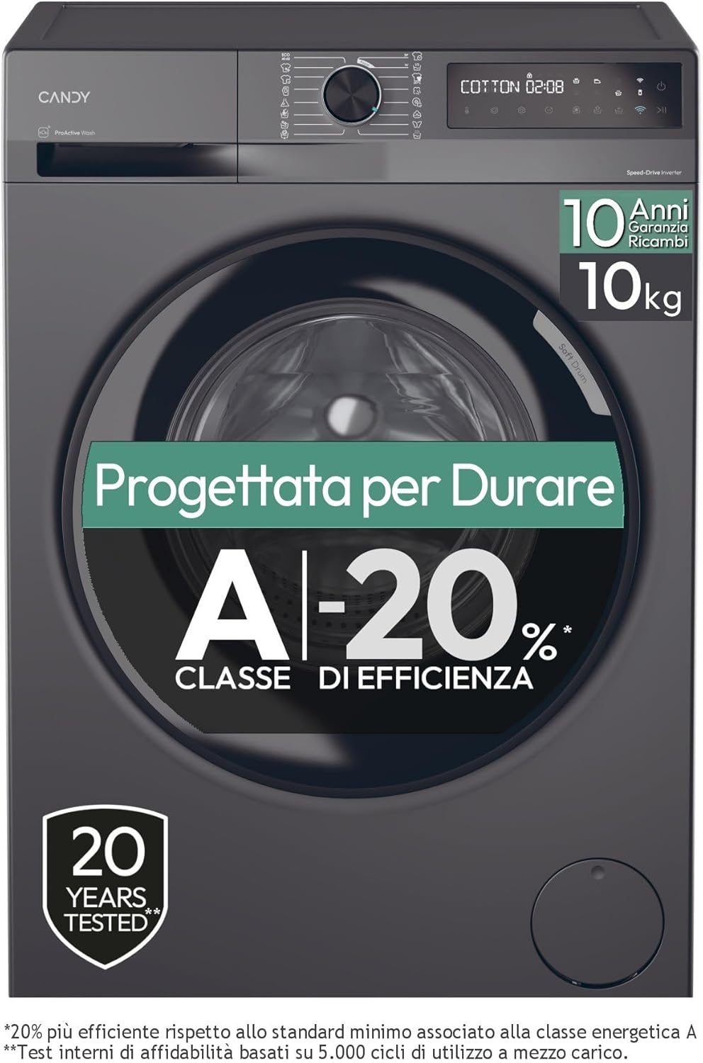 CANDY MINIAQUA CW50-BP12307G-S, LAVATRICE A CARICA FRONTALE, 5 KG, 1200 GIRI, Programmi rapidi, Antipiega, Partenza ritardata, Grigio/Bianco, 70x51x45 [Classe di efficienza energetica A]