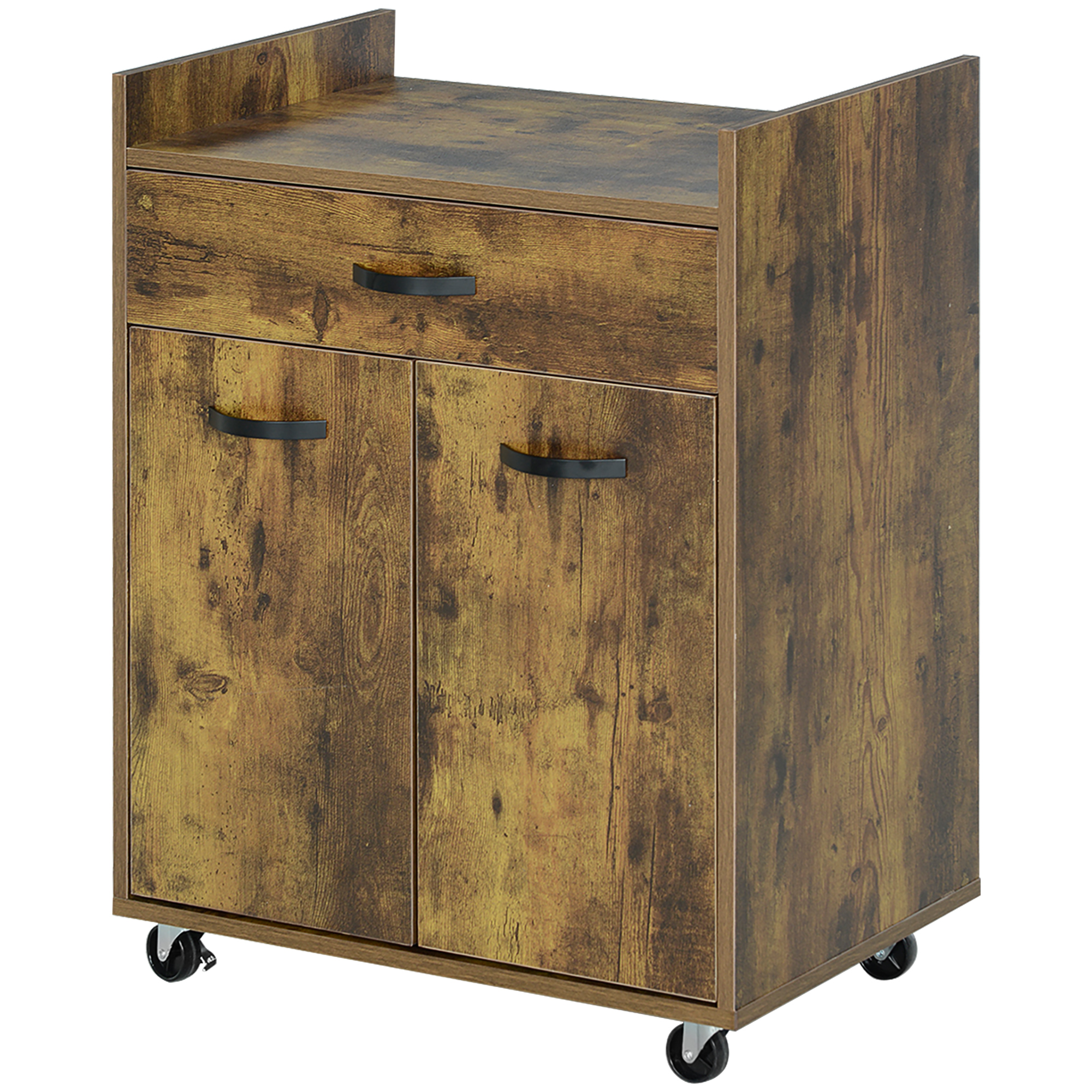 HOMCOM Küchenwagen mit Schublade, Schrank und 4 Rollen aus Holz, 60x40x77cm, Rustikales Braun