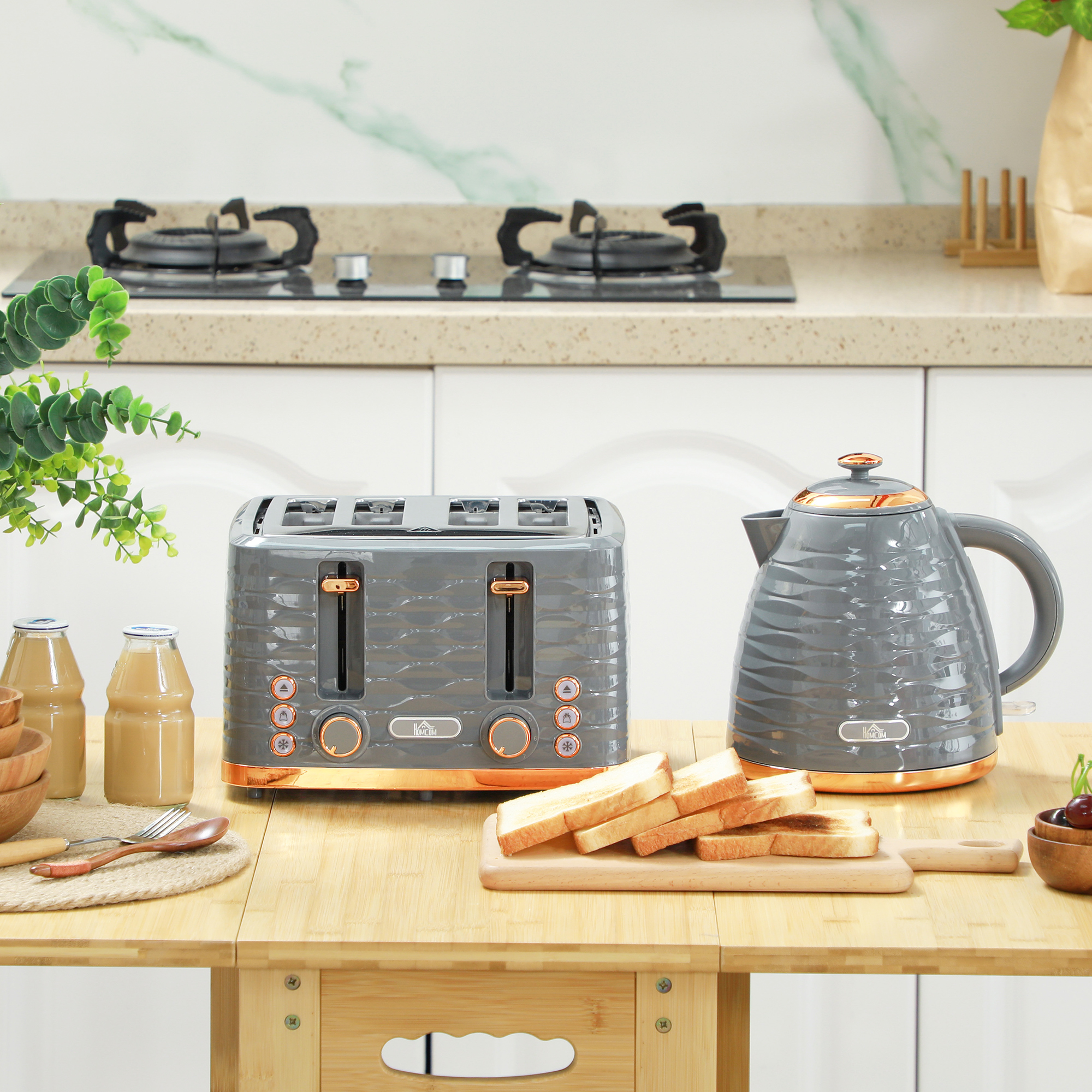 HOMCOM 2-in-1 Toaster und Wasserkocher Set, 7 Bräunungsstufen, Auftau- und Aufwärmfunktion, Grau