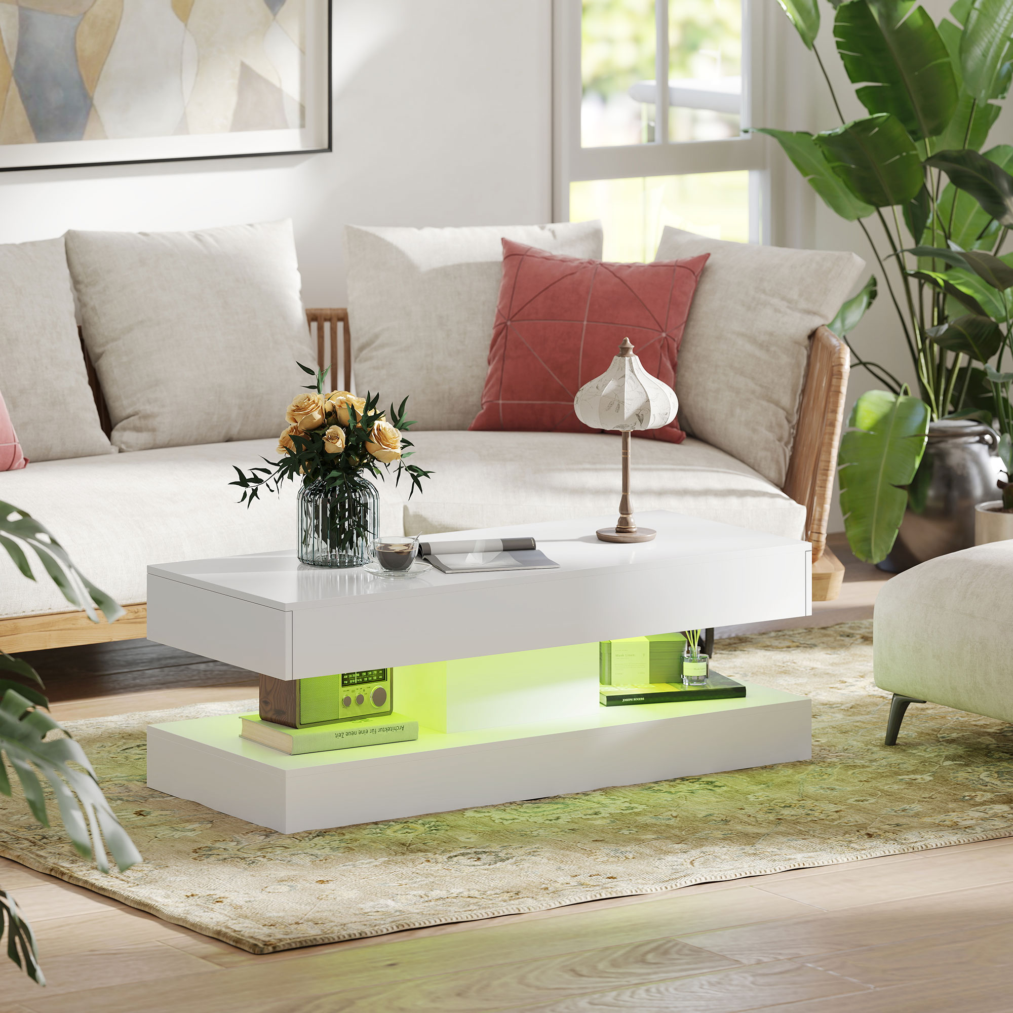 Salontafel met Lades en LED-verlichting, moderne Sofatafel met open opbergruimte, Salontafel, Spaanplaat, Wit